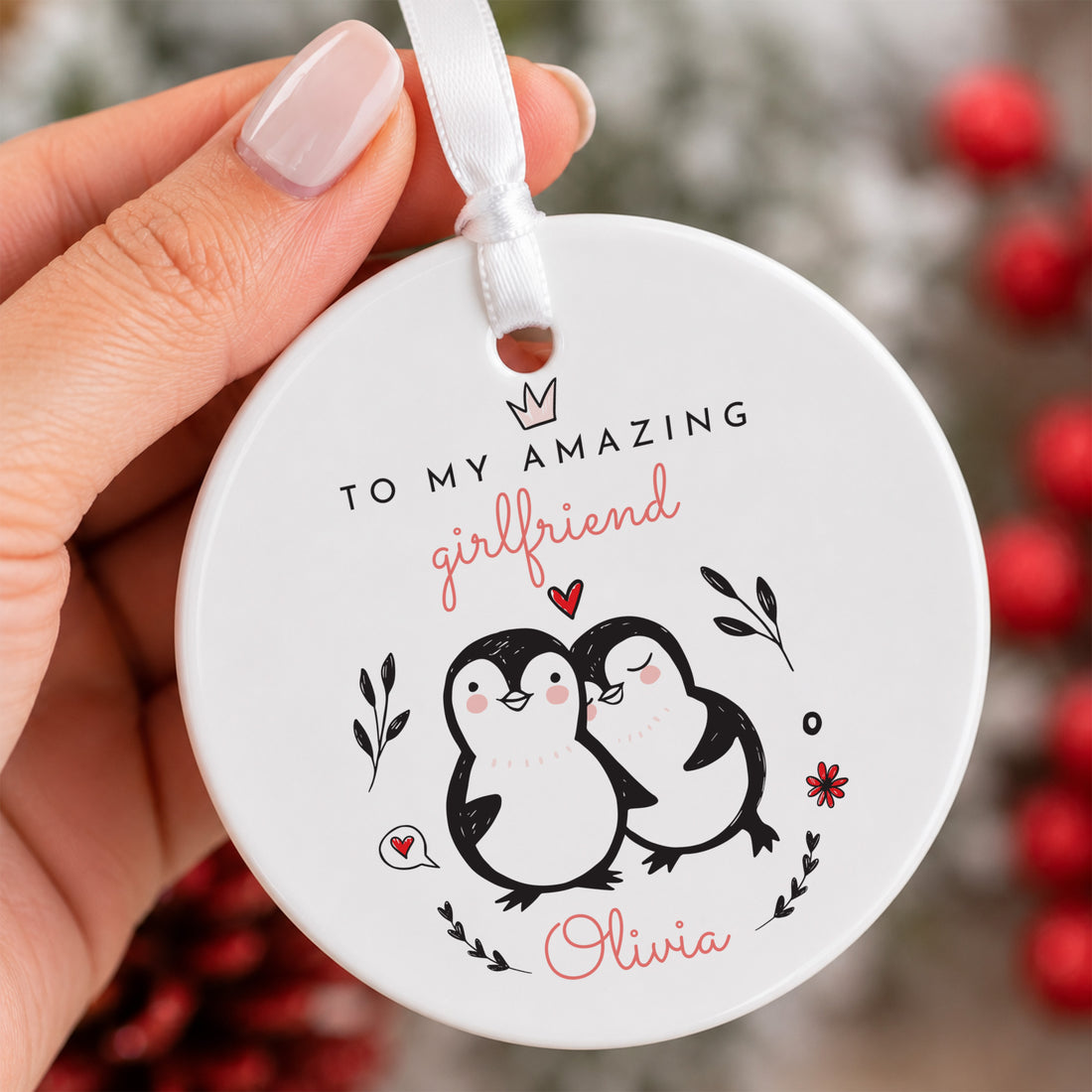 Amazing Girlfriend Penguin Ornament, Personalized Olivia Name Design, Sweet Romantic Christmas Tree Gift for Her