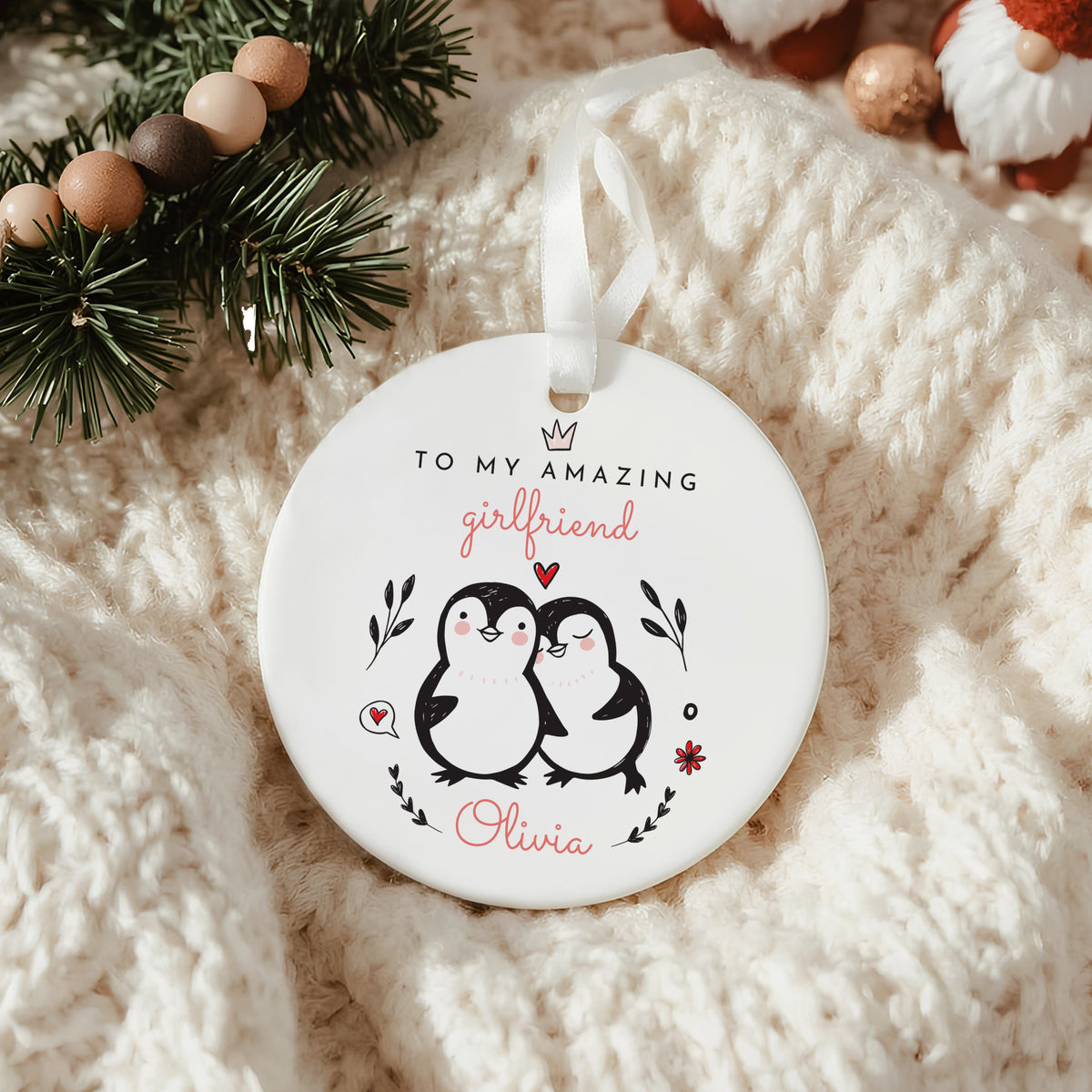 Amazing Girlfriend Penguin Ornament, Personalized Olivia Name Design, Sweet Romantic Christmas Tree Gift for Her