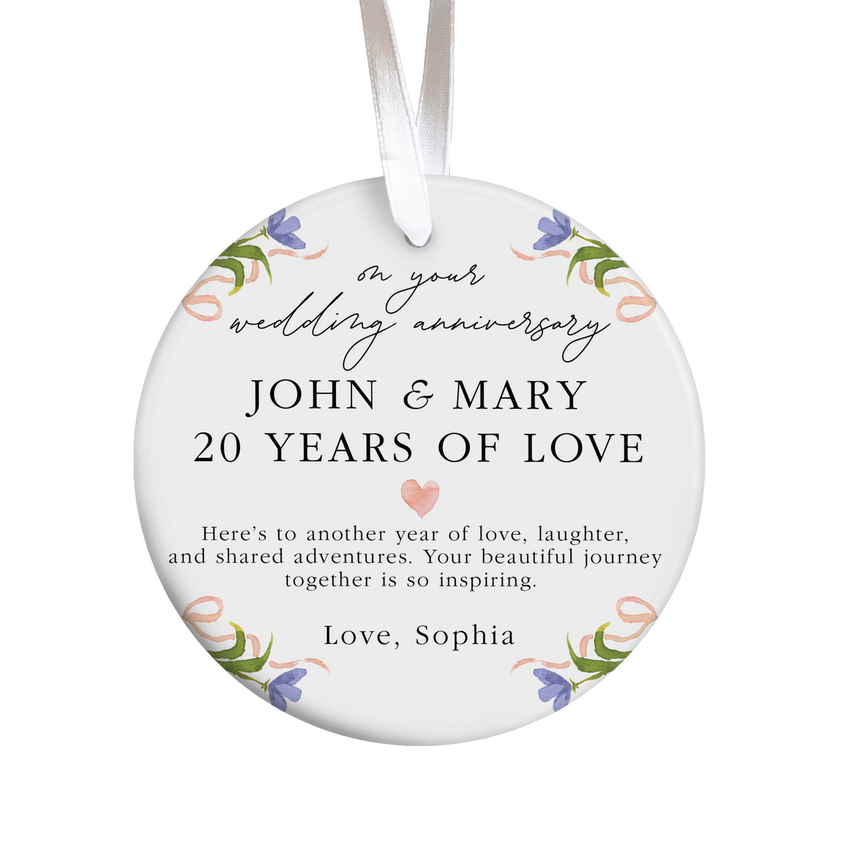Wedding Anniversary Ornament for Couple, 20 Years of Love Keepsake with Floral Border, Heart, and Sweet Message