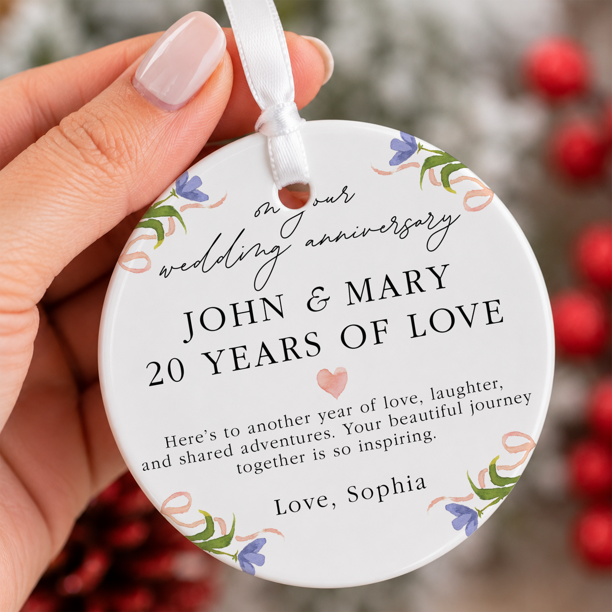 Wedding Anniversary Ornament for Couple, 20 Years of Love Keepsake with Floral Border, Heart, and Sweet Message