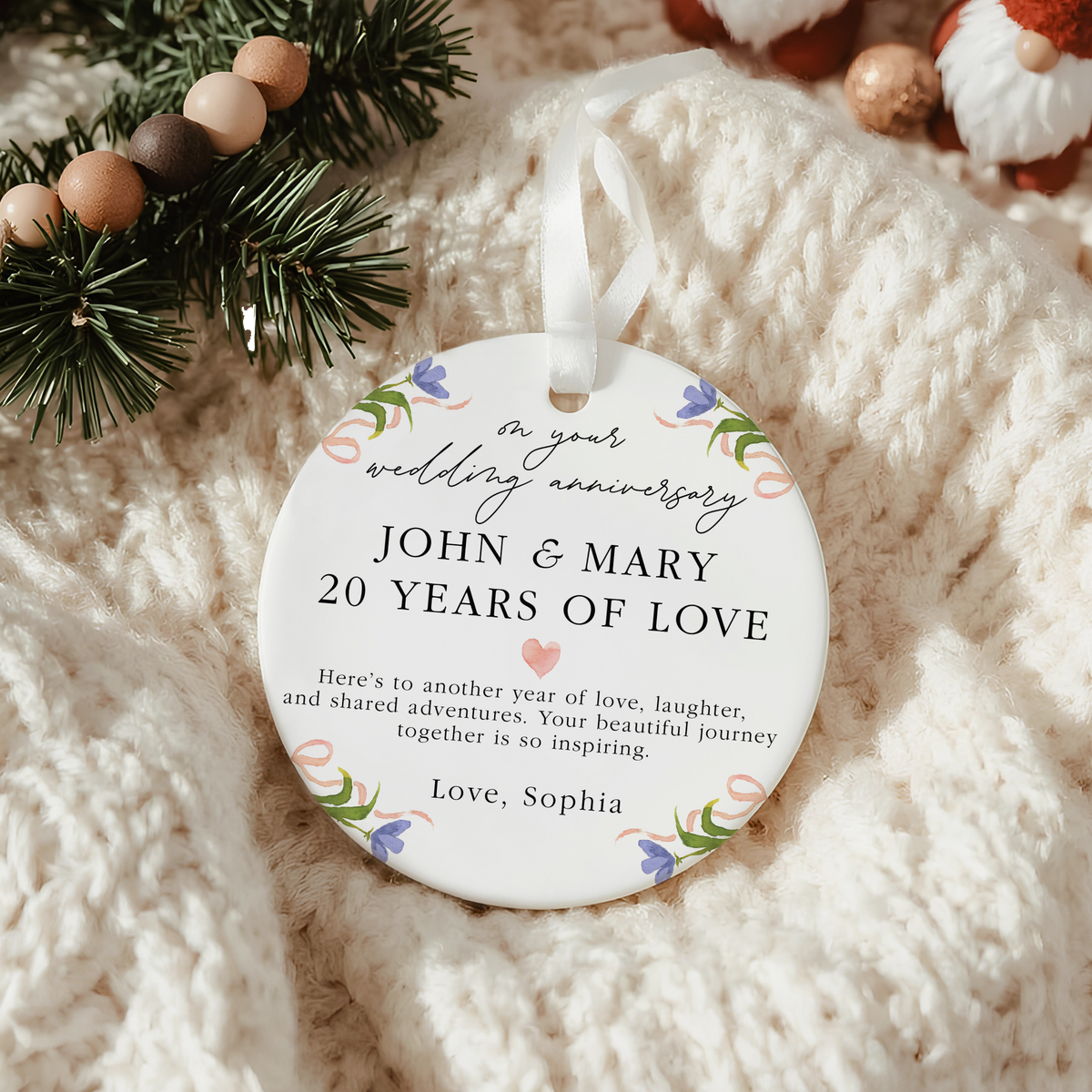 Wedding Anniversary Ornament for Couple, 20 Years of Love Keepsake with Floral Border, Heart, and Sweet Message