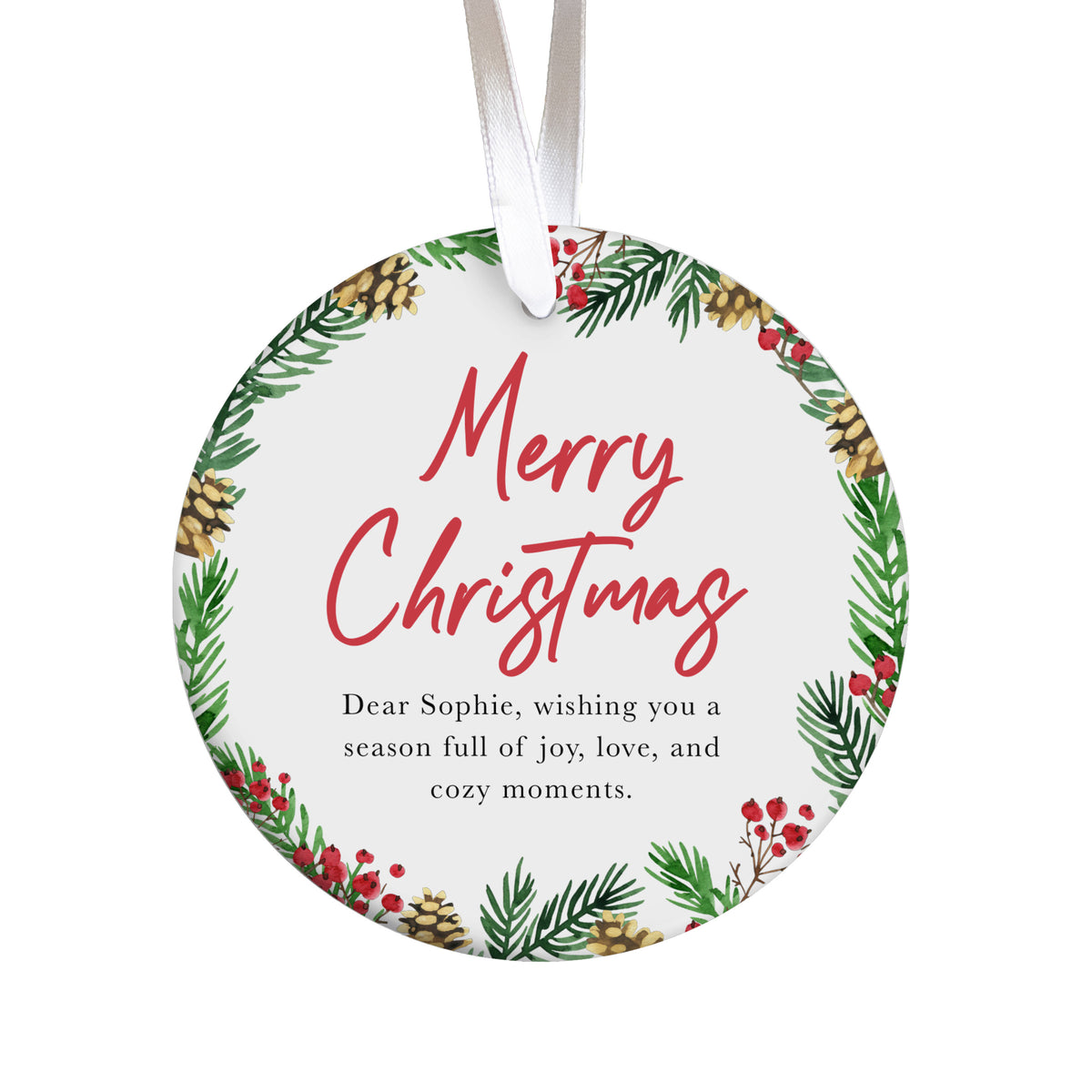 Merry Christmas Ornament for Her, Dear Sophie Holiday Keepsake with Pinecone and Berry Greenery Wreath
