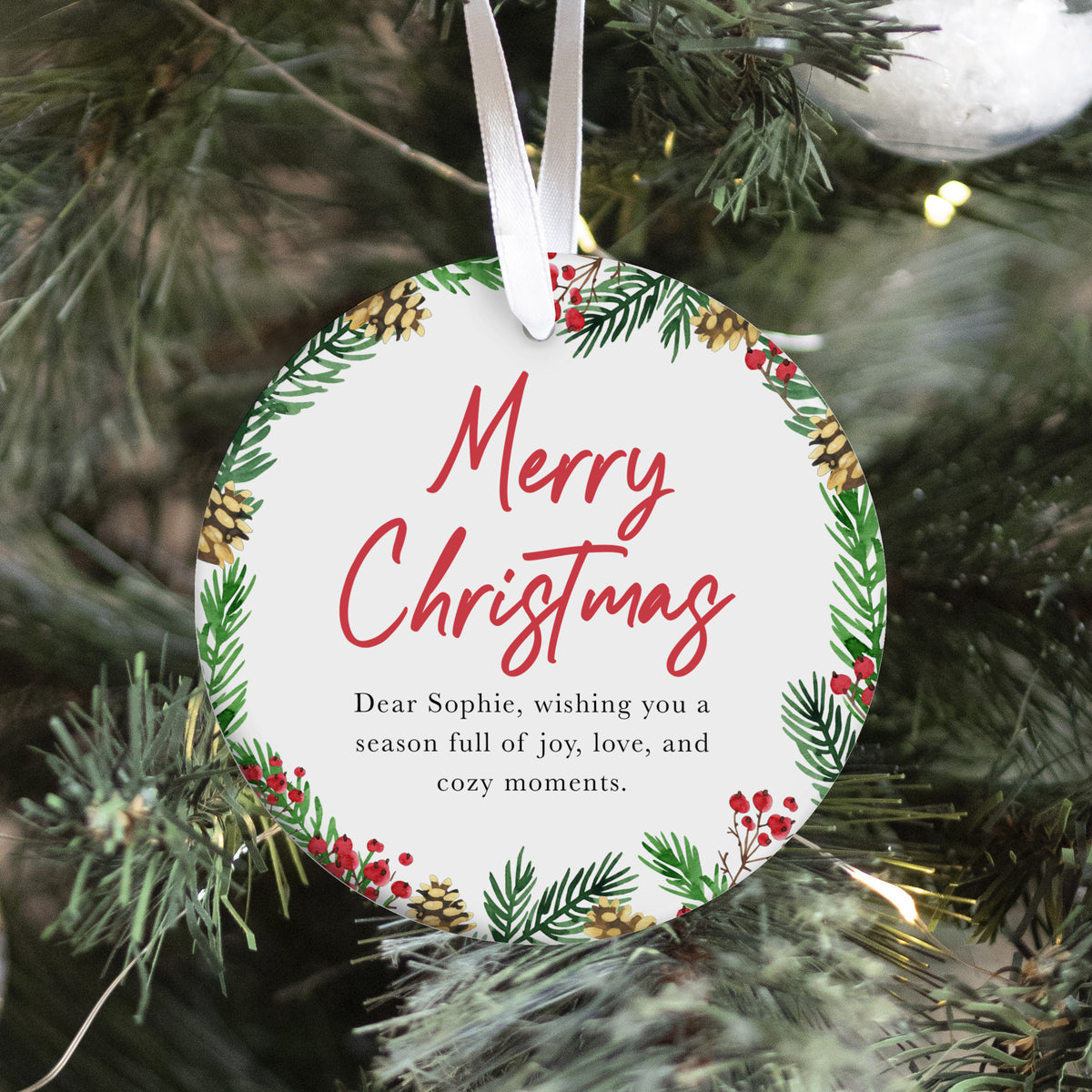 Merry Christmas Ornament for Her, Dear Sophie Holiday Keepsake with Pinecone and Berry Greenery Wreath