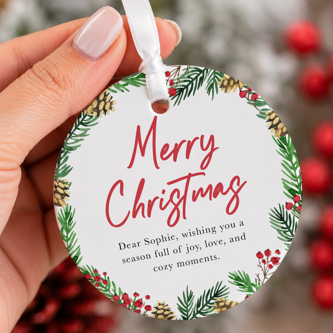 Merry Christmas Ornament for Her, Dear Sophie Holiday Keepsake with Pinecone and Berry Greenery Wreath