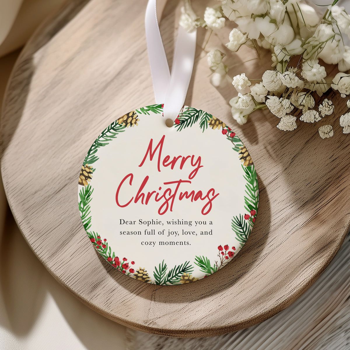 Merry Christmas Ornament for Her, Dear Sophie Holiday Keepsake with Pinecone and Berry Greenery Wreath