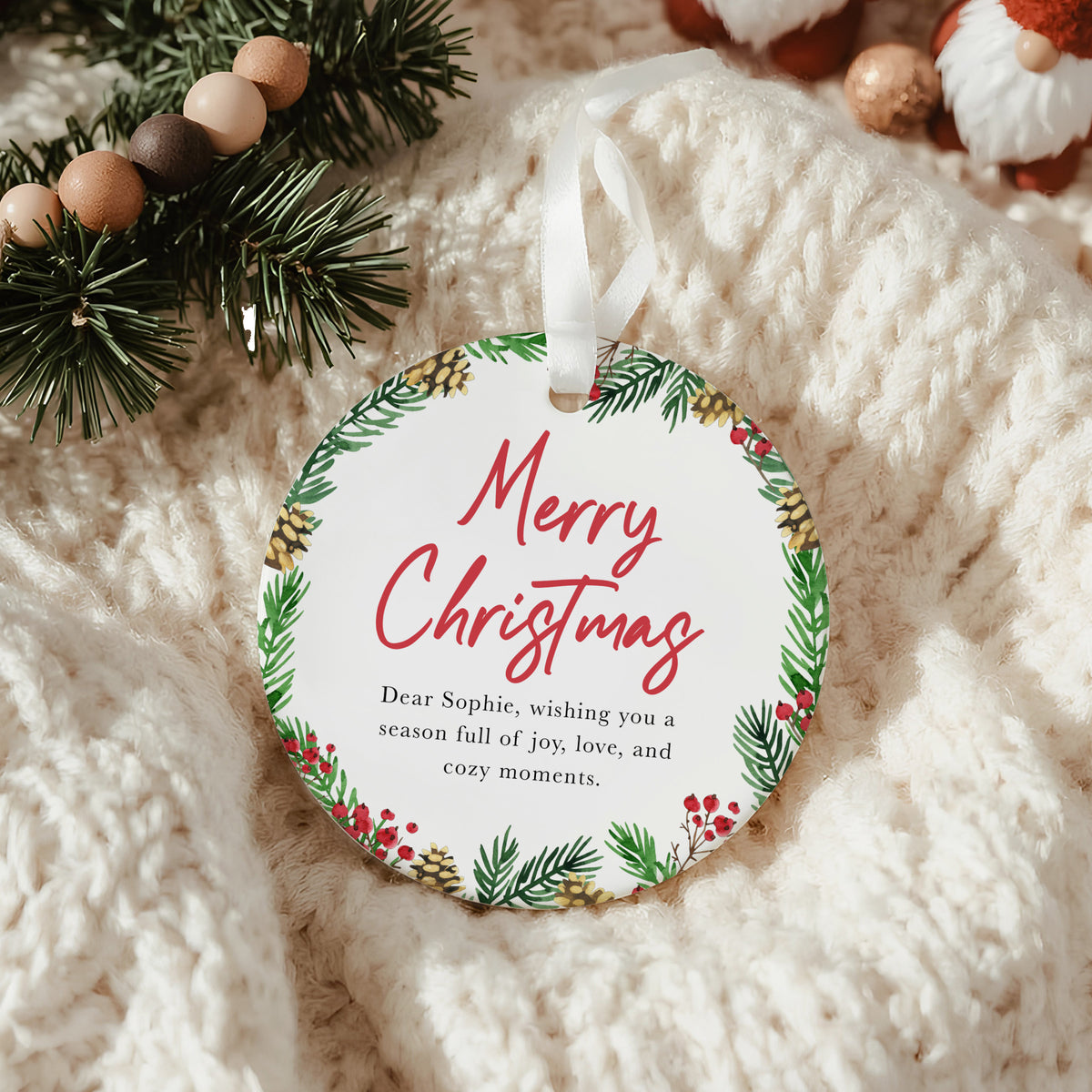 Merry Christmas Ornament for Her, Dear Sophie Holiday Keepsake with Pinecone and Berry Greenery Wreath