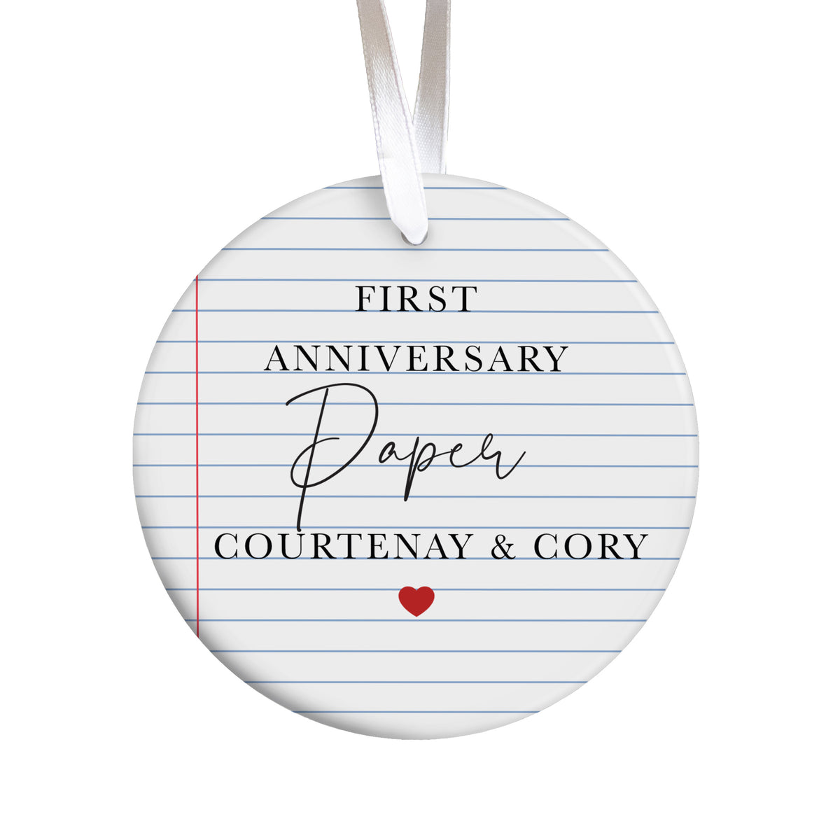 First Anniversary Ornament for Couple, Personalized Names Keepsake, Lined Paper Design, Romantic Wedding Gift