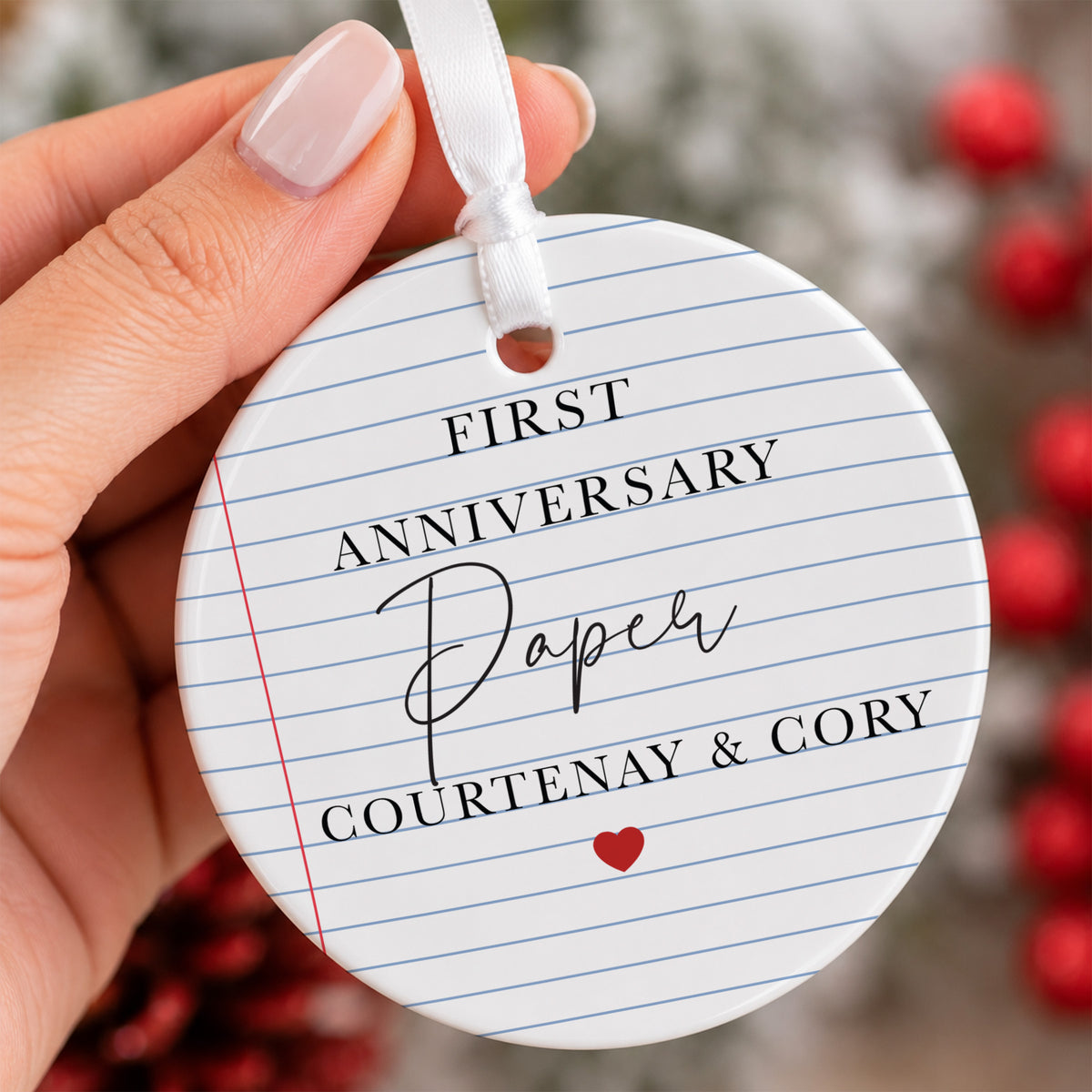 First Anniversary Ornament for Couple, Personalized Names Keepsake, Lined Paper Design, Romantic Wedding Gift