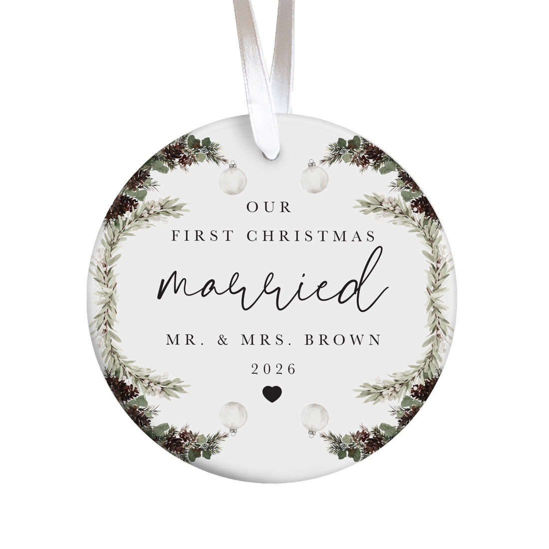 Our First Christmas Married Ornament, Newlywed Couple Gift, Botanical Pinecone Wreath Keepsake for Mr. and Mrs.