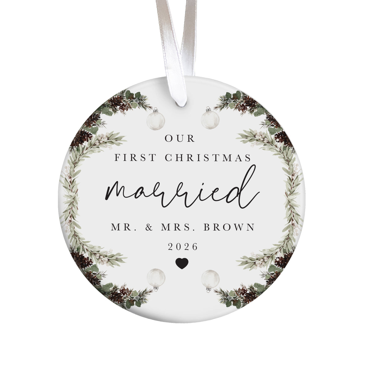 Our First Christmas Married Ornament, Newlywed Couple Gift, Botanical Pinecone Wreath Keepsake for Mr. and Mrs.