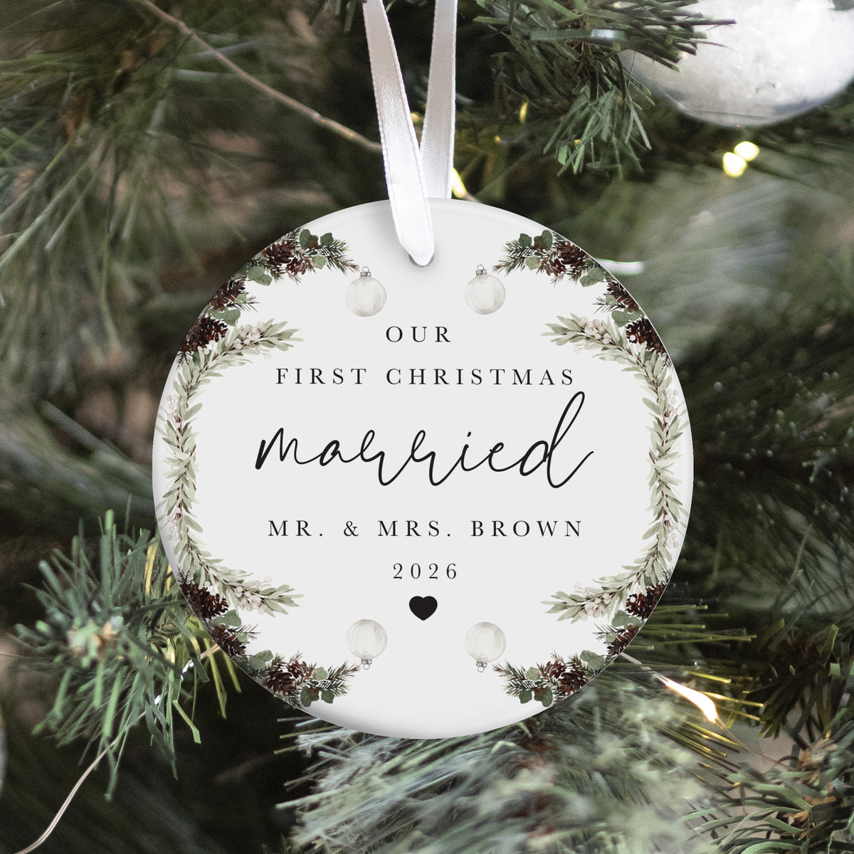 Our First Christmas Married Ornament, Newlywed Couple Gift, Botanical Pinecone Wreath Keepsake for Mr. and Mrs.