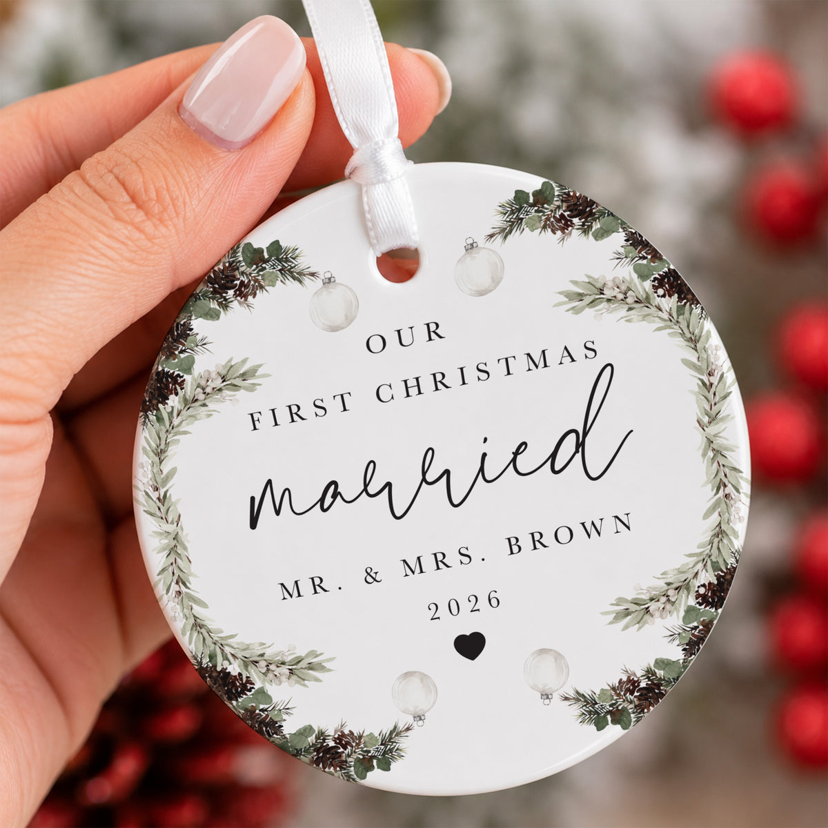 Our First Christmas Married Ornament, Newlywed Couple Gift, Botanical Pinecone Wreath Keepsake for Mr. and Mrs.