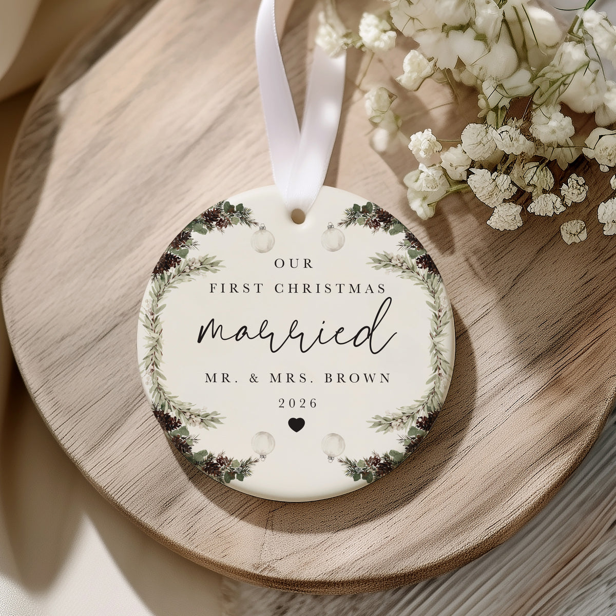 Our First Christmas Married Ornament, Newlywed Couple Gift, Botanical Pinecone Wreath Keepsake for Mr. and Mrs.