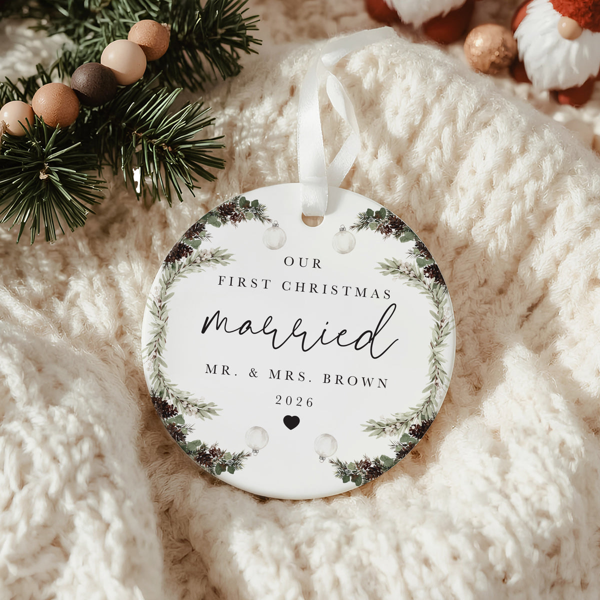 Our First Christmas Married Ornament, Newlywed Couple Gift, Botanical Pinecone Wreath Keepsake for Mr. and Mrs.