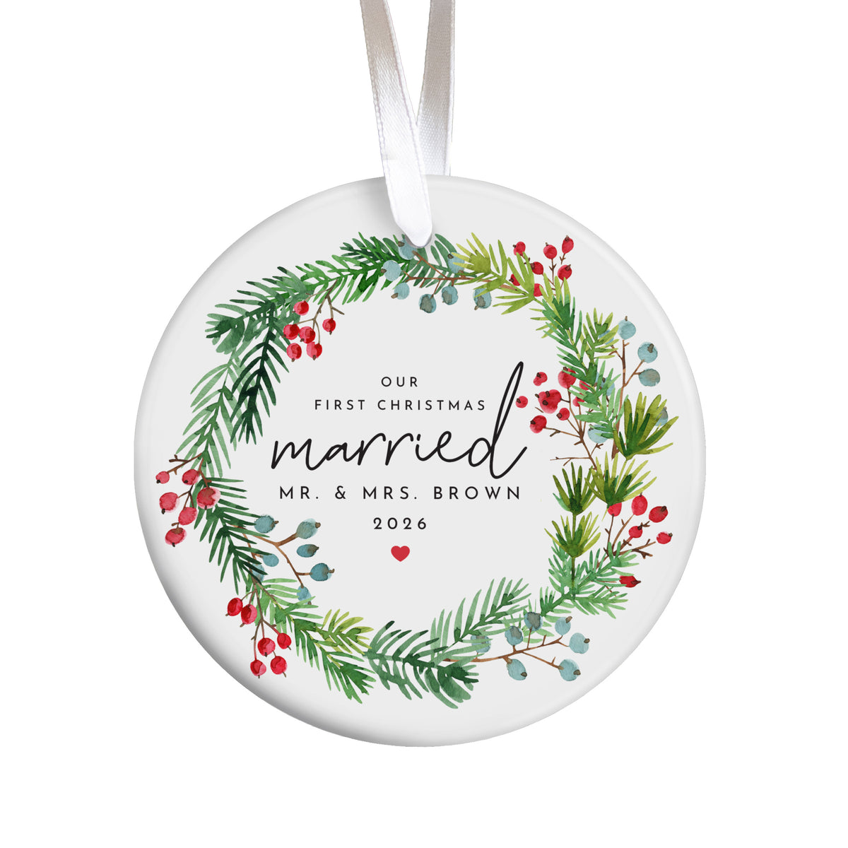First Christmas Married Ornament for Newlyweds, Botanical Wreath Keepsake for Mr. and Mrs. Holiday Gift