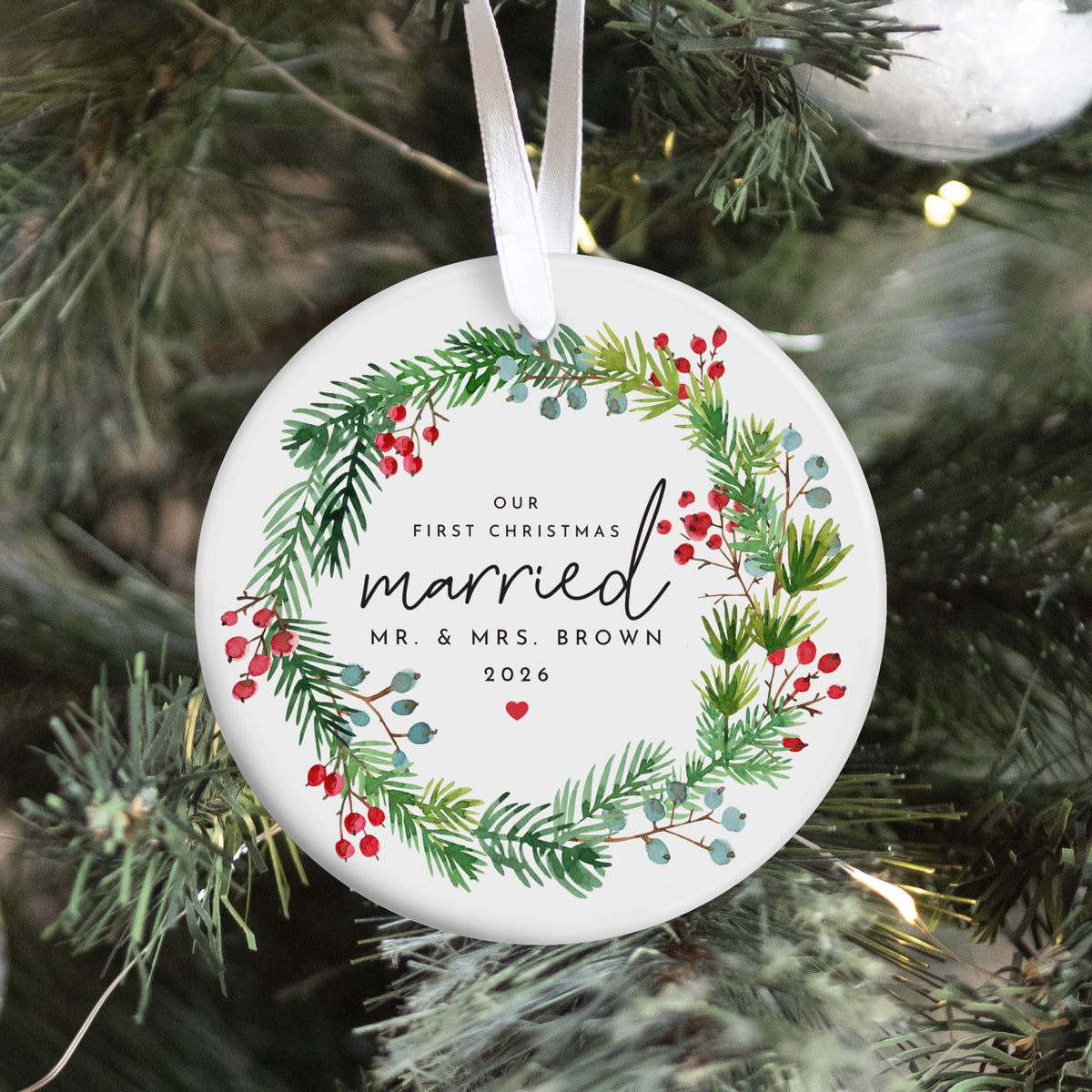 First Christmas Married Ornament for Newlyweds, Botanical Wreath Keepsake for Mr. and Mrs. Holiday Gift