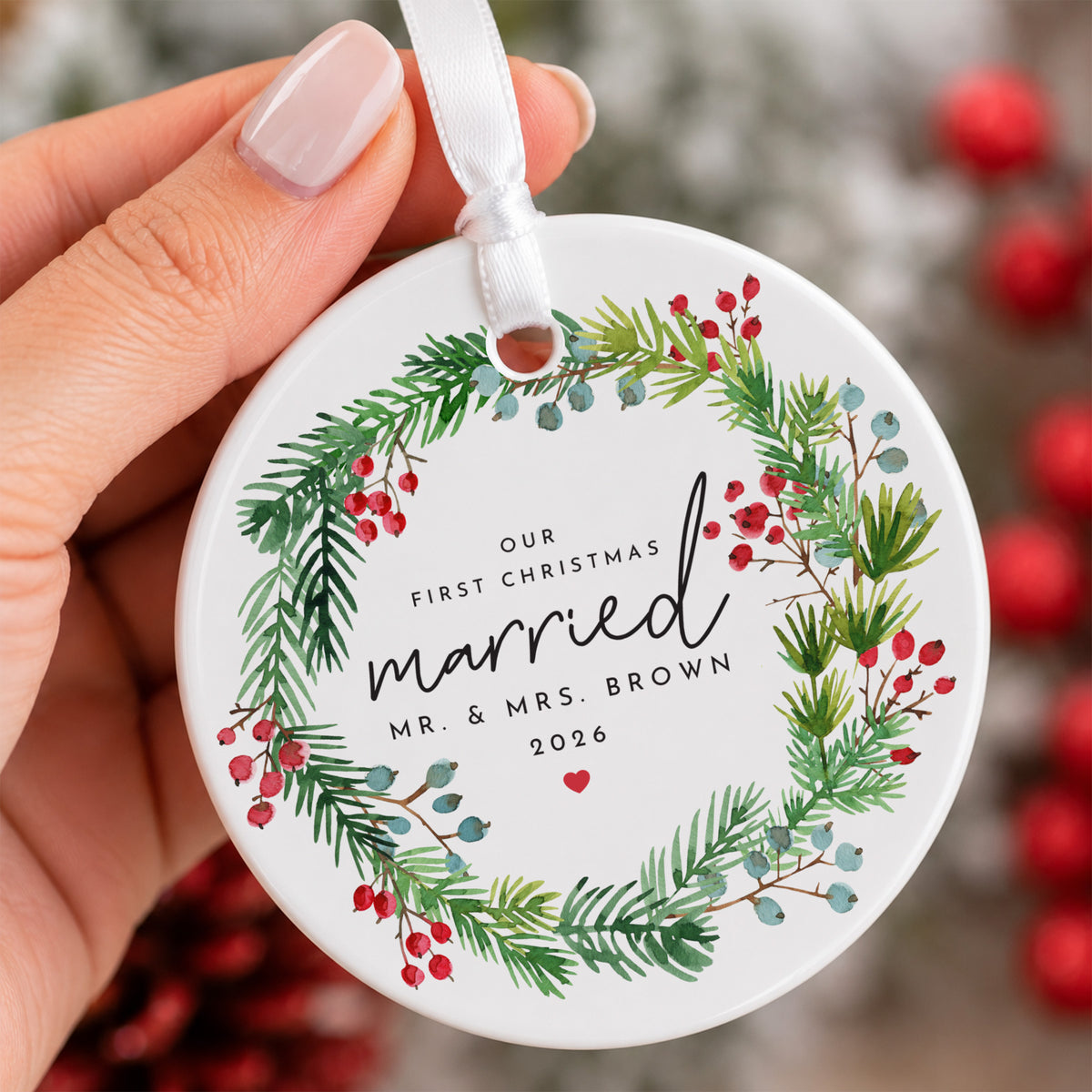 First Christmas Married Ornament for Newlyweds, Botanical Wreath Keepsake for Mr. and Mrs. Holiday Gift
