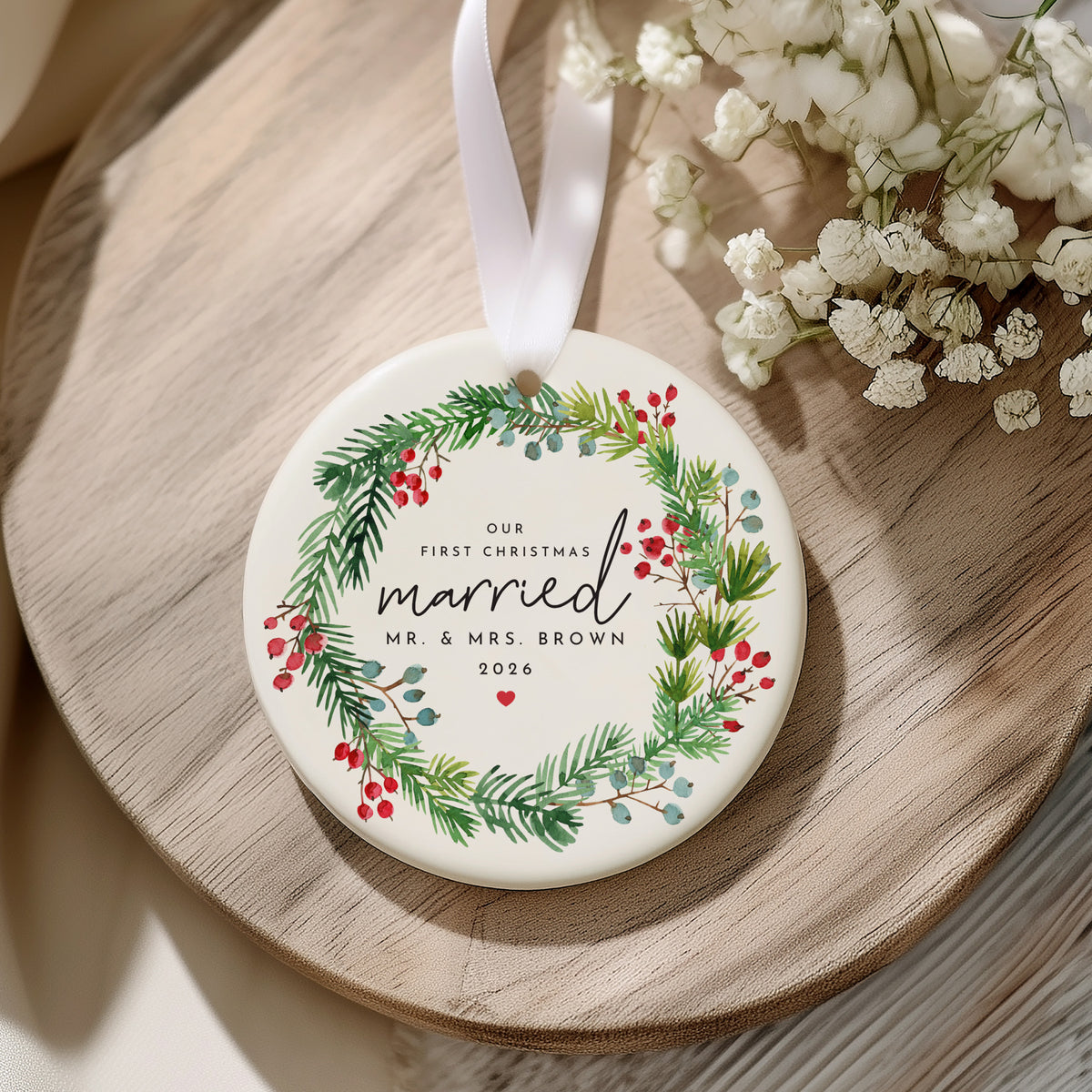 First Christmas Married Ornament for Newlyweds, Botanical Wreath Keepsake for Mr. and Mrs. Holiday Gift