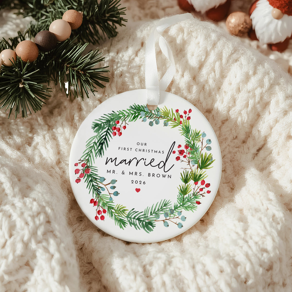 First Christmas Married Ornament for Newlyweds, Botanical Wreath Keepsake for Mr. and Mrs. Holiday Gift