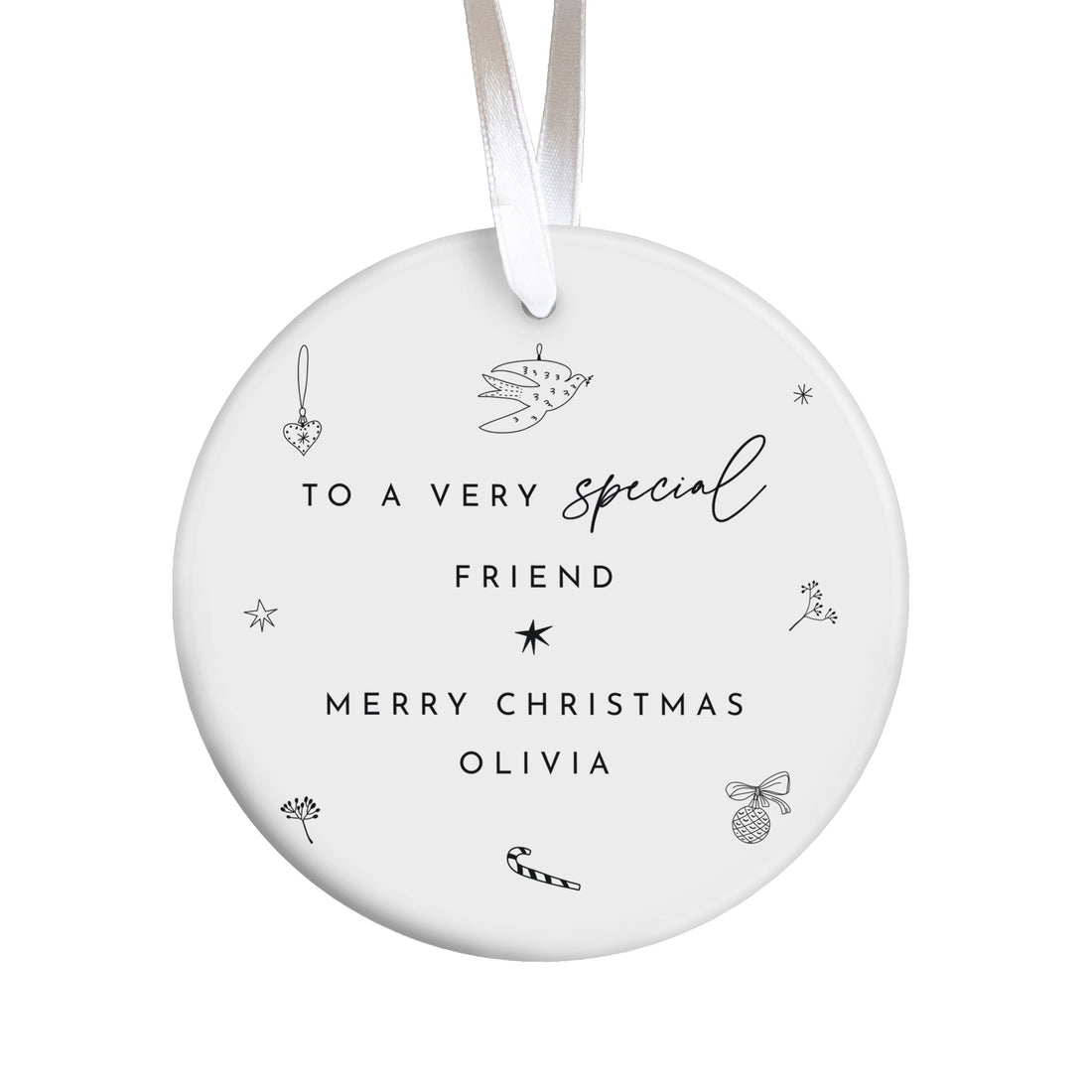 Special Friend Christmas Ornament, Personalized Name Keepsake with Delicate Holiday Illustrations, Thoughtful Gift