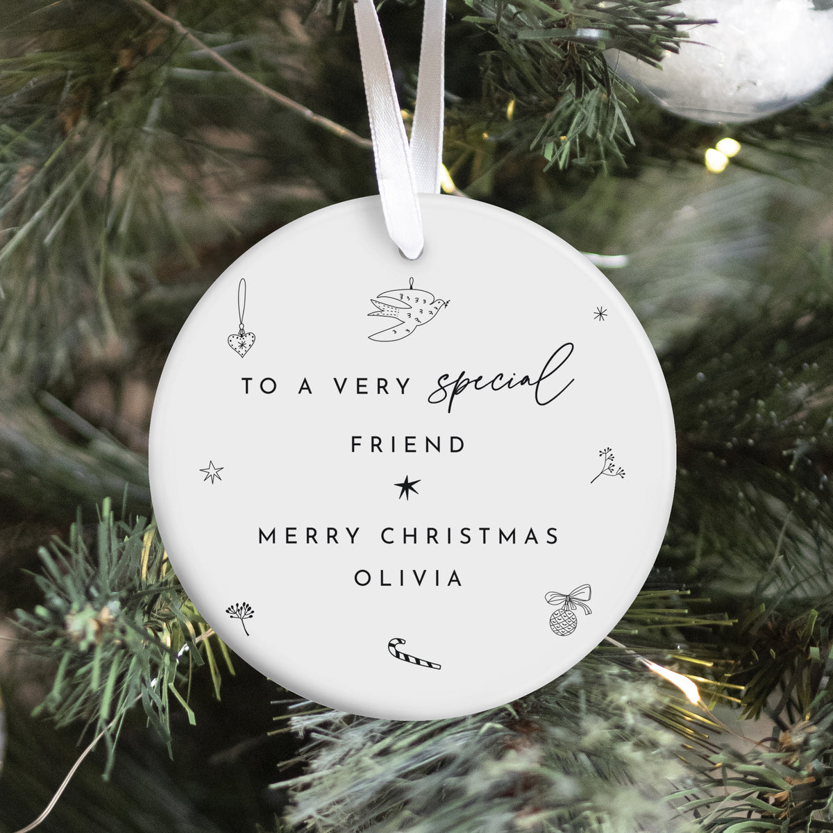 Special Friend Christmas Ornament, Personalized Name Keepsake with Delicate Holiday Illustrations, Thoughtful Gift