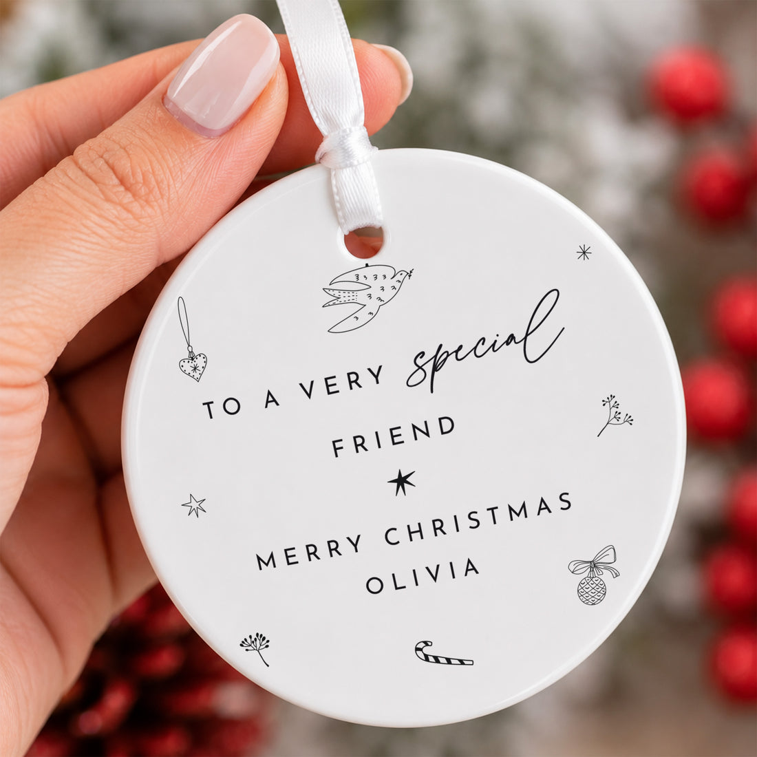 Special Friend Christmas Ornament, Personalized Name Keepsake with Delicate Holiday Illustrations, Thoughtful Gift