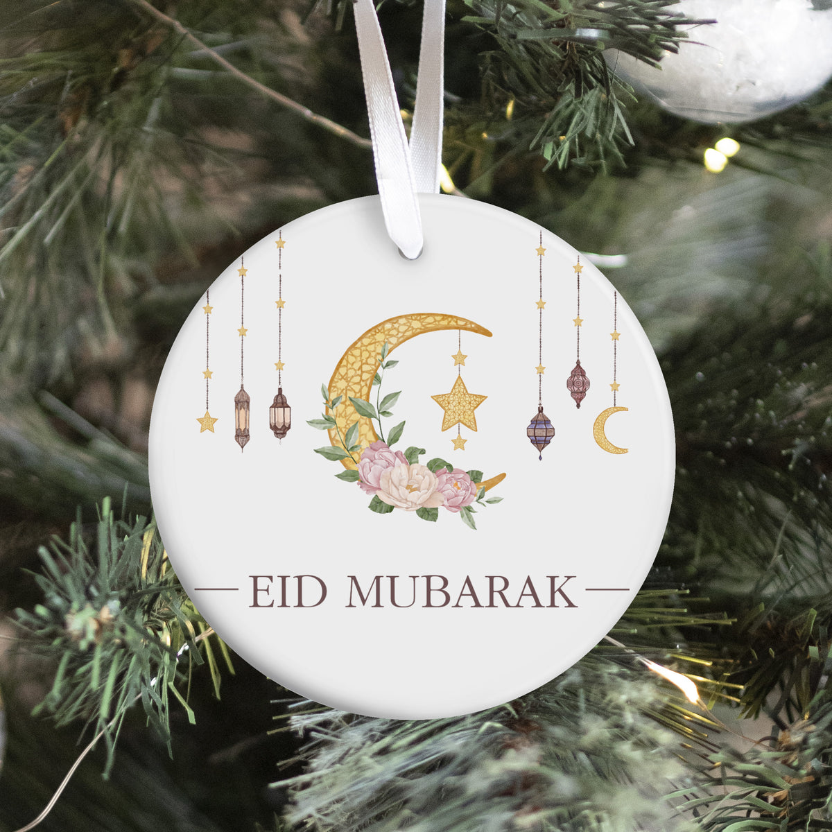 Eid Mubarak Ornament, Crescent Moon and Floral Lantern Design, Meaningful Ramadan Decor Gift for Muslim Family