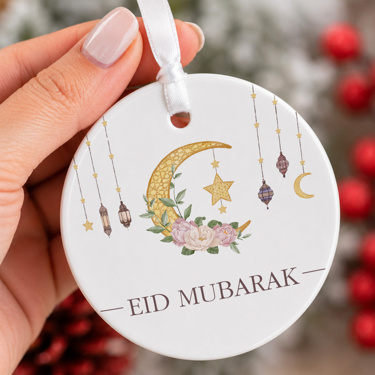Eid Mubarak Ornament, Crescent Moon and Floral Lantern Design, Meaningful Ramadan Decor Gift for Muslim Family