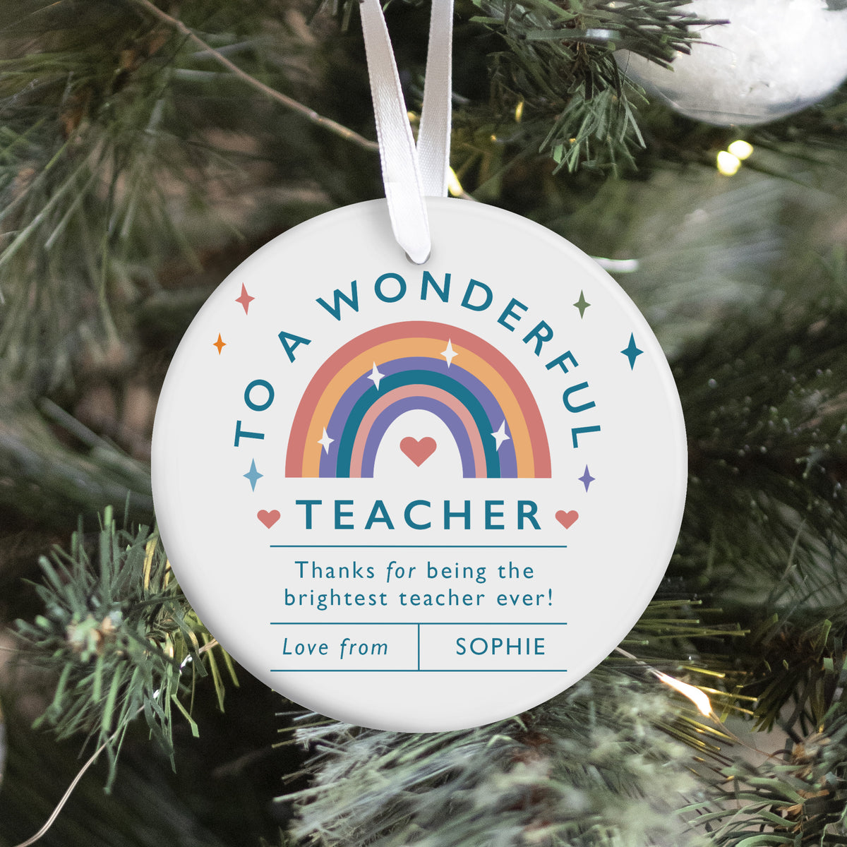 A Wonderful Teacher Ornament, Brightest Teacher Ever Rainbow Keepsake, Student Appreciation Gift for Classroom