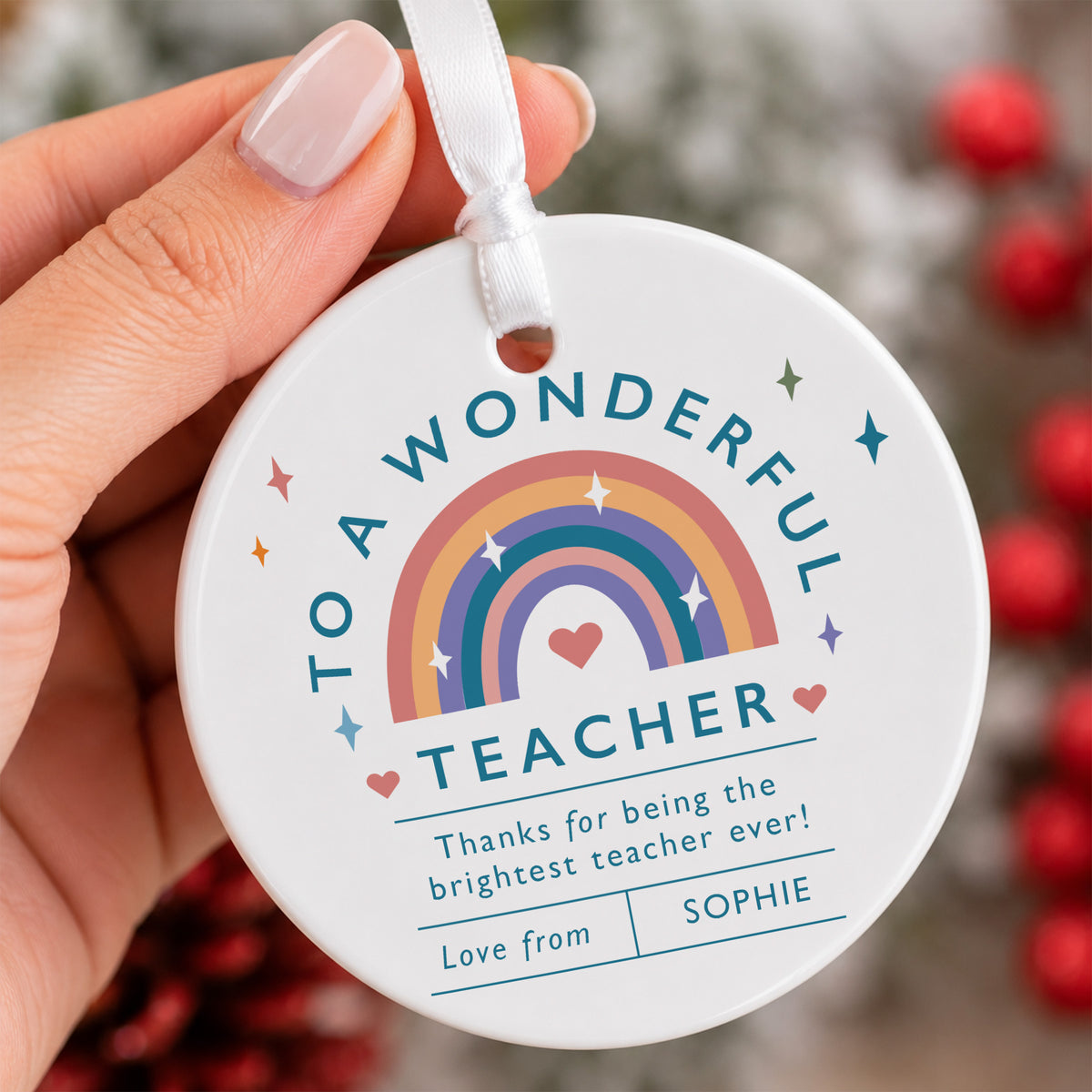 A Wonderful Teacher Ornament, Brightest Teacher Ever Rainbow Keepsake, Student Appreciation Gift for Classroom