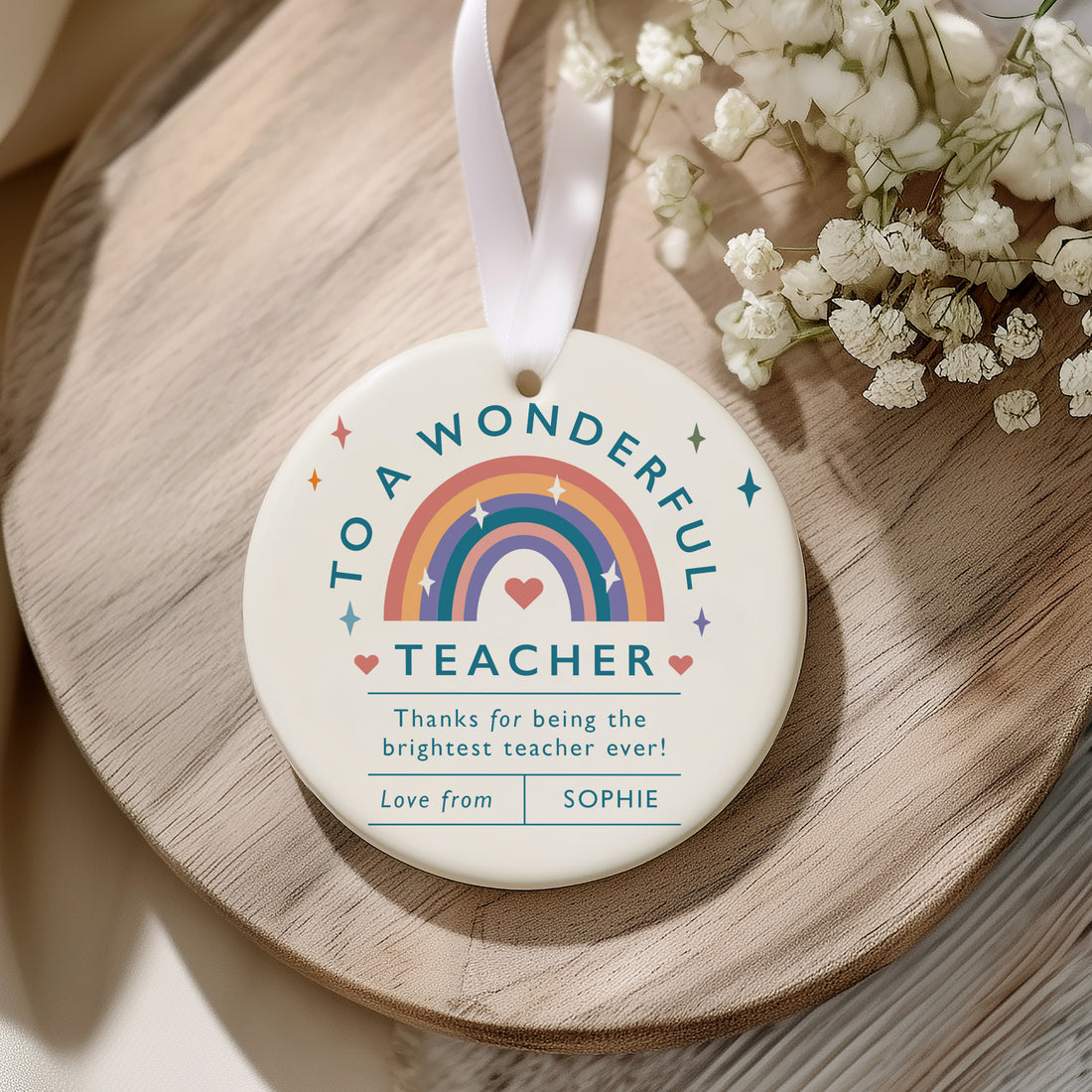 A Wonderful Teacher Ornament, Brightest Teacher Ever Rainbow Keepsake, Student Appreciation Gift for Classroom