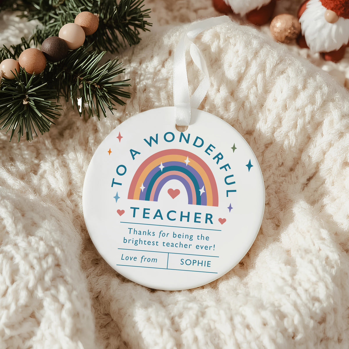 A Wonderful Teacher Ornament, Brightest Teacher Ever Rainbow Keepsake, Student Appreciation Gift for Classroom
