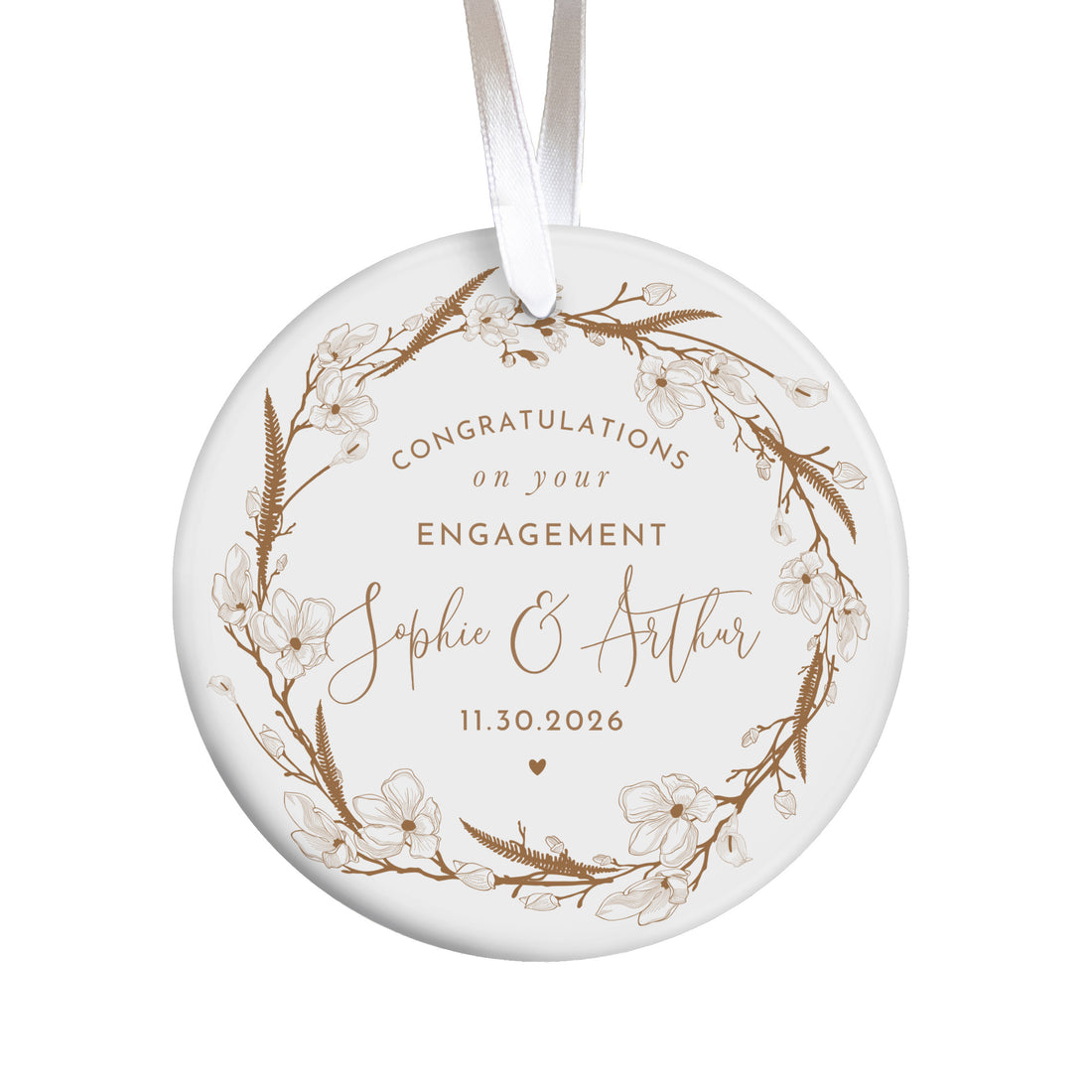 Engagement Congratulations Ornament for Newly Engaged Couple, Floral Wreath Keepsake Gift for Sophie and Arthur