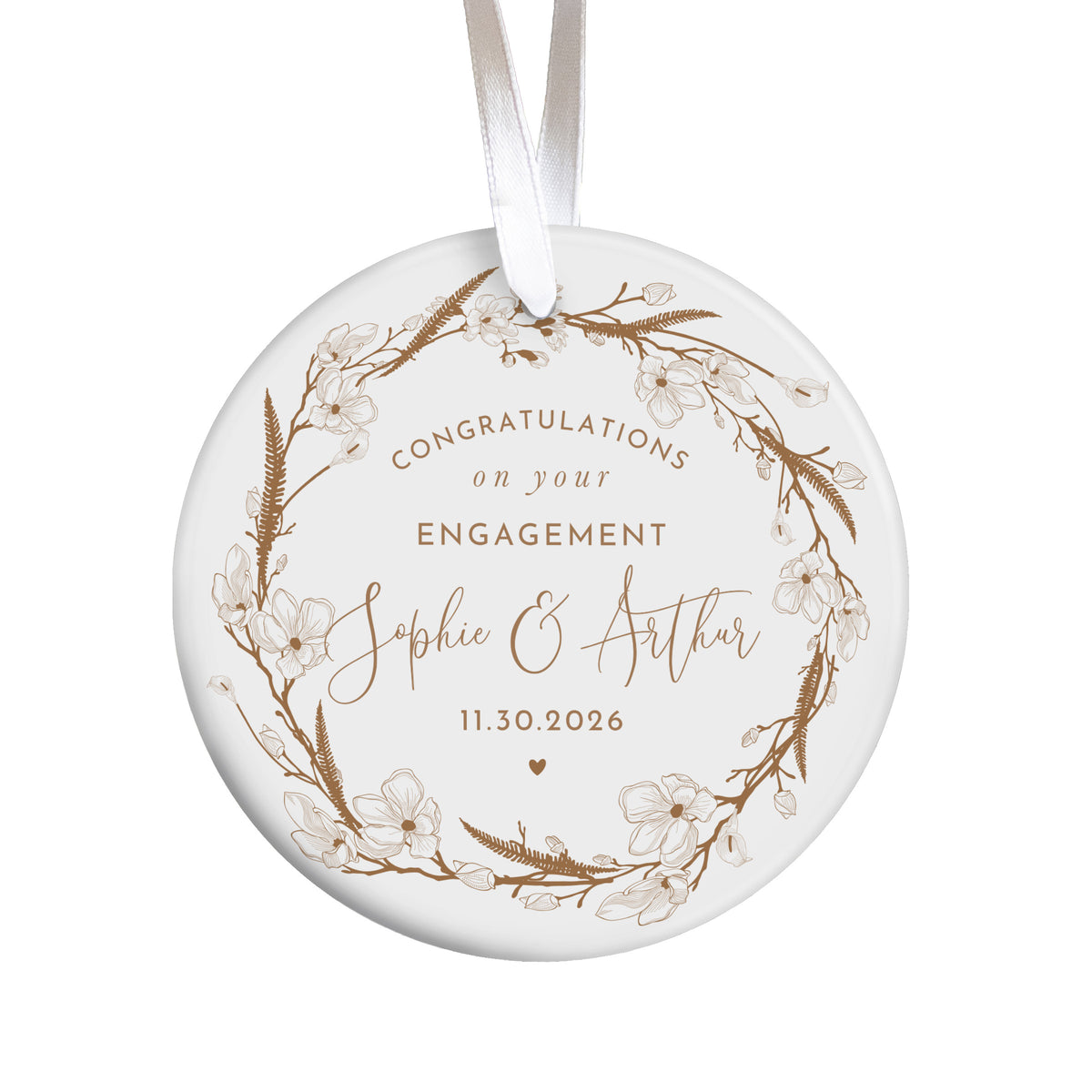 Engagement Congratulations Ornament for Newly Engaged Couple, Floral Wreath Keepsake Gift for Sophie and Arthur