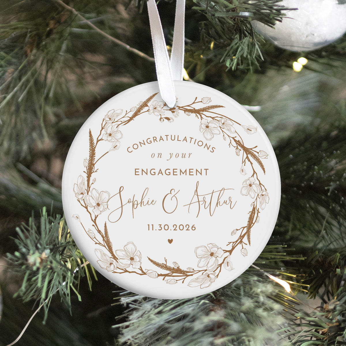 Engagement Congratulations Ornament for Newly Engaged Couple, Floral Wreath Keepsake Gift for Sophie and Arthur