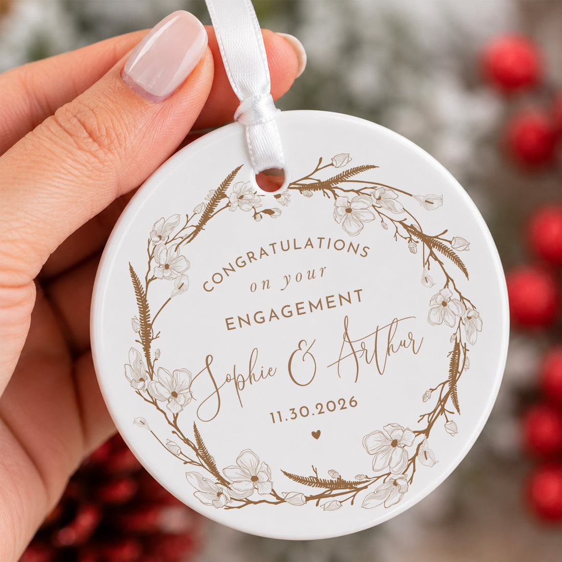 Engagement Congratulations Ornament for Newly Engaged Couple, Floral Wreath Keepsake Gift for Sophie and Arthur