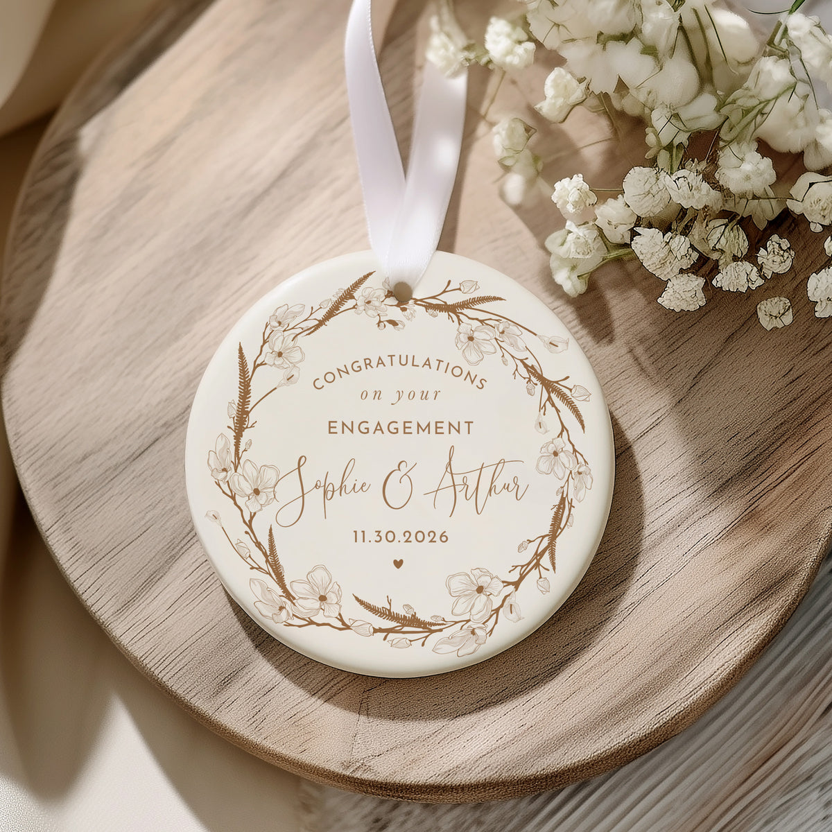 Engagement Congratulations Ornament for Newly Engaged Couple, Floral Wreath Keepsake Gift for Sophie and Arthur