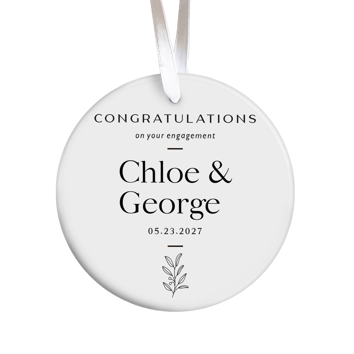 Engagement Announcement Ornament for Newly Engaged Couple, Congratulations Keepsake With Names, Date and Botanical Design