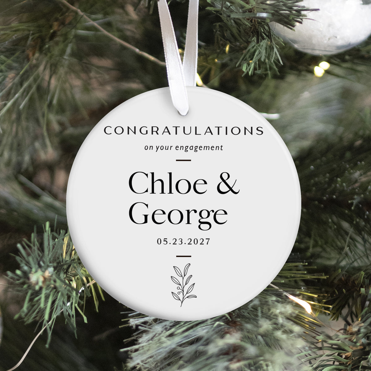 Engagement Announcement Ornament for Newly Engaged Couple, Congratulations Keepsake With Names, Date and Botanical Design