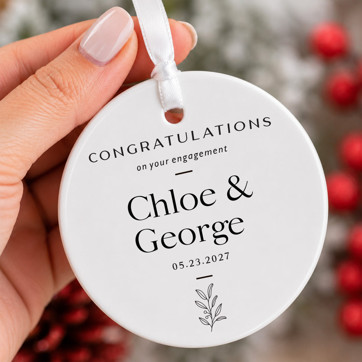 Engagement Announcement Ornament for Newly Engaged Couple, Congratulations Keepsake With Names, Date and Botanical Design
