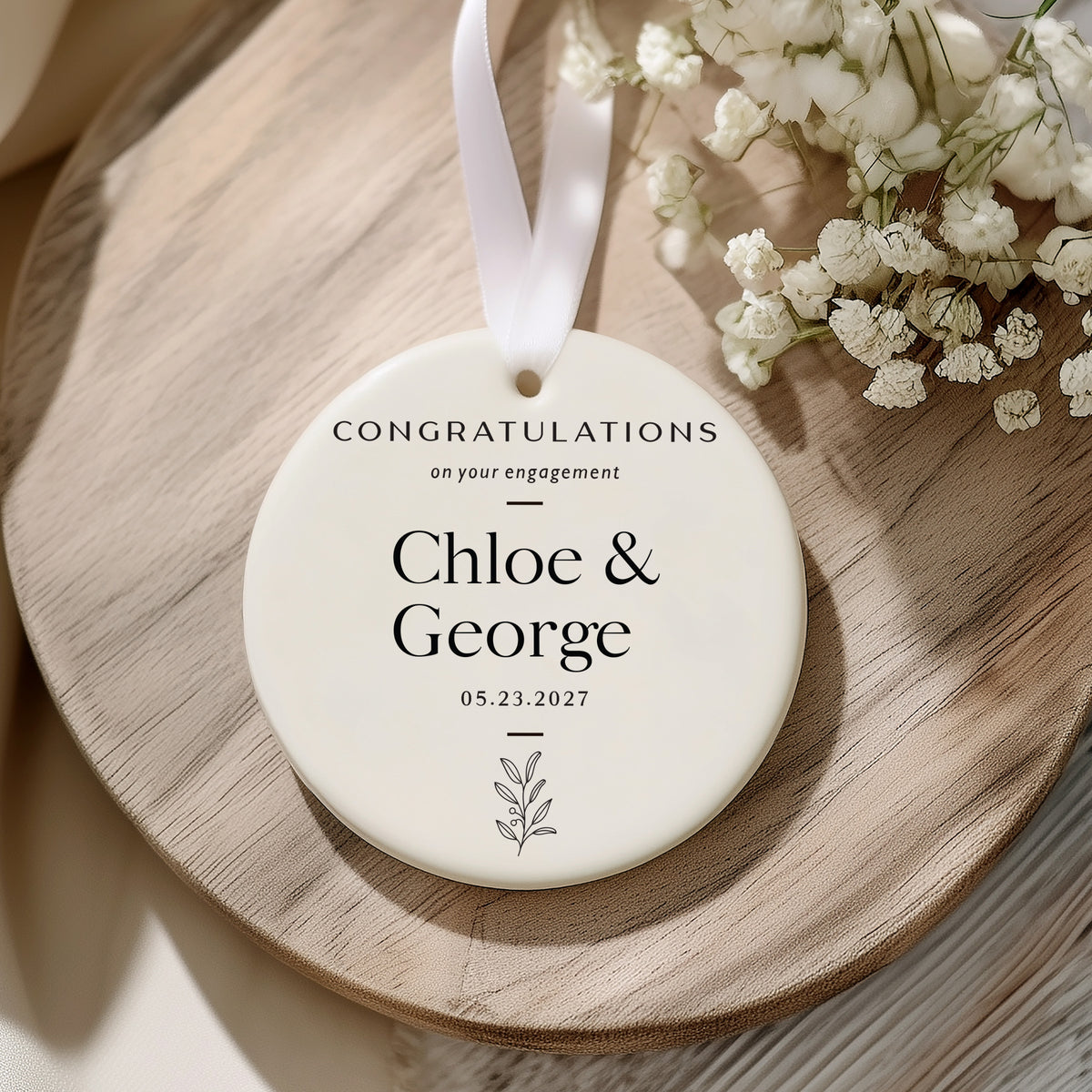 Engagement Announcement Ornament for Newly Engaged Couple, Congratulations Keepsake With Names, Date and Botanical Design