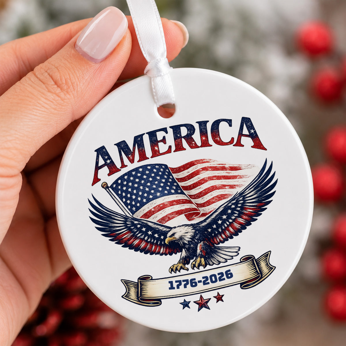 America 1776-2026 Eagle Flag Ornament, Patriotic Keepsake for Independence Day, Christmas Tree Display, History Lover Gift