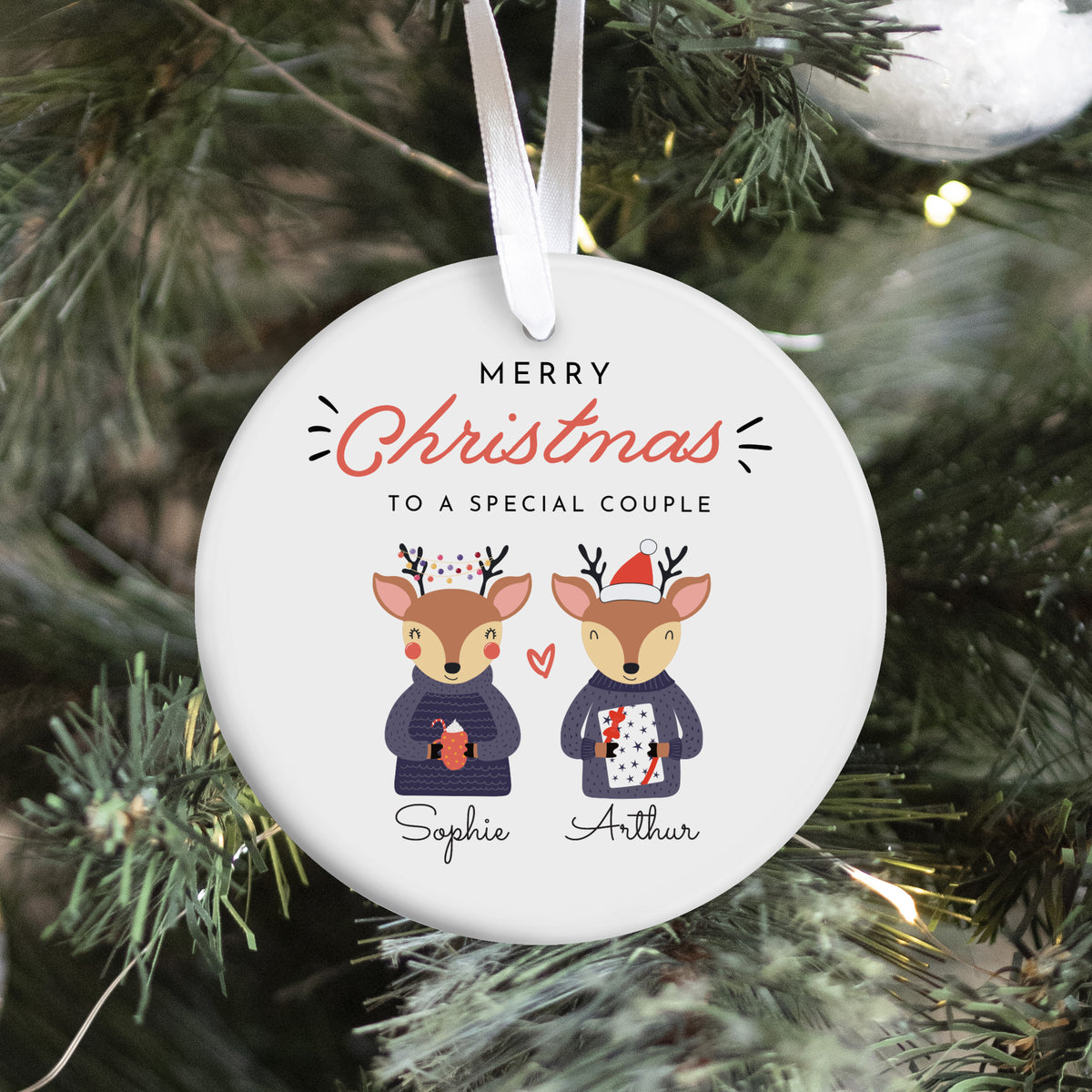 Christmas Couple Ornament, Personalized Reindeer Design for a Special Pair Holiday Gift and Festive Tree Decor
