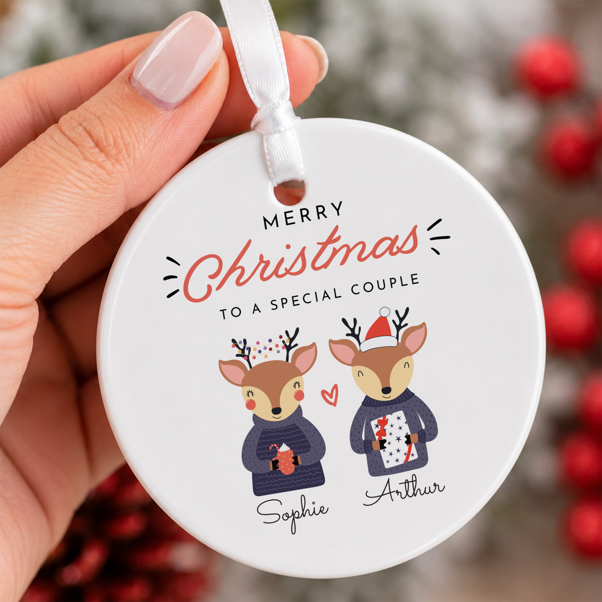 Christmas Couple Ornament, Personalized Reindeer Design for a Special Pair Holiday Gift and Festive Tree Decor