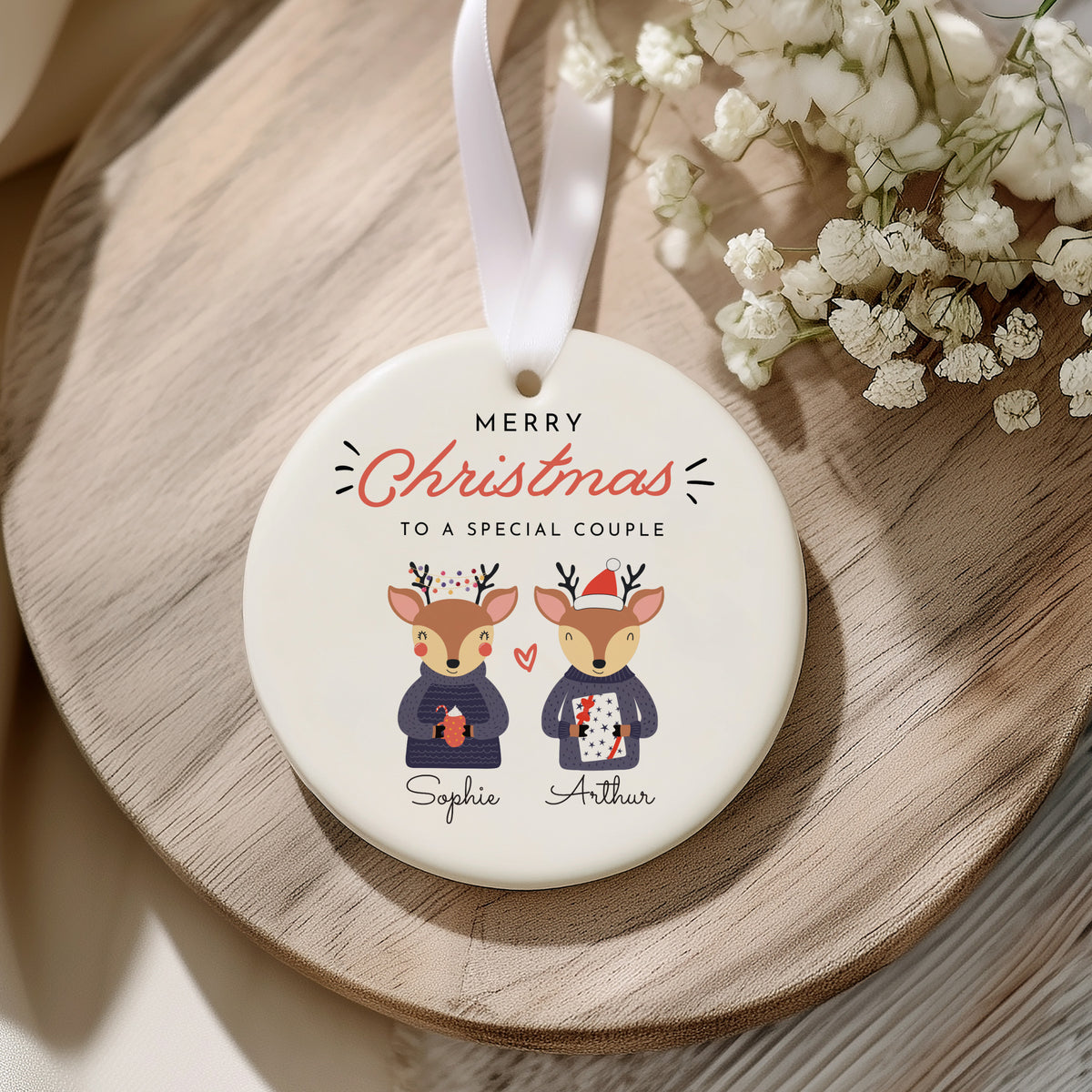 Christmas Couple Ornament, Personalized Reindeer Design for a Special Pair Holiday Gift and Festive Tree Decor
