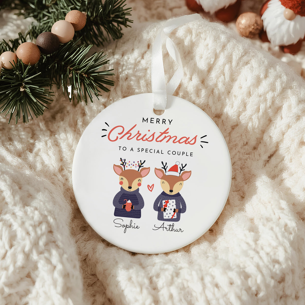 Christmas Couple Ornament, Personalized Reindeer Design for a Special Pair Holiday Gift and Festive Tree Decor