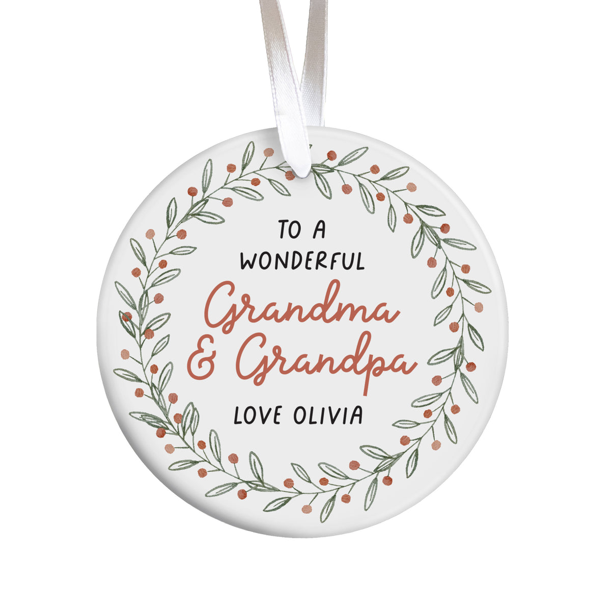 Grandma and Grandpa Ornament, Personalized Family Keepsake with Floral Wreath, Christmas Gift from Grandchild