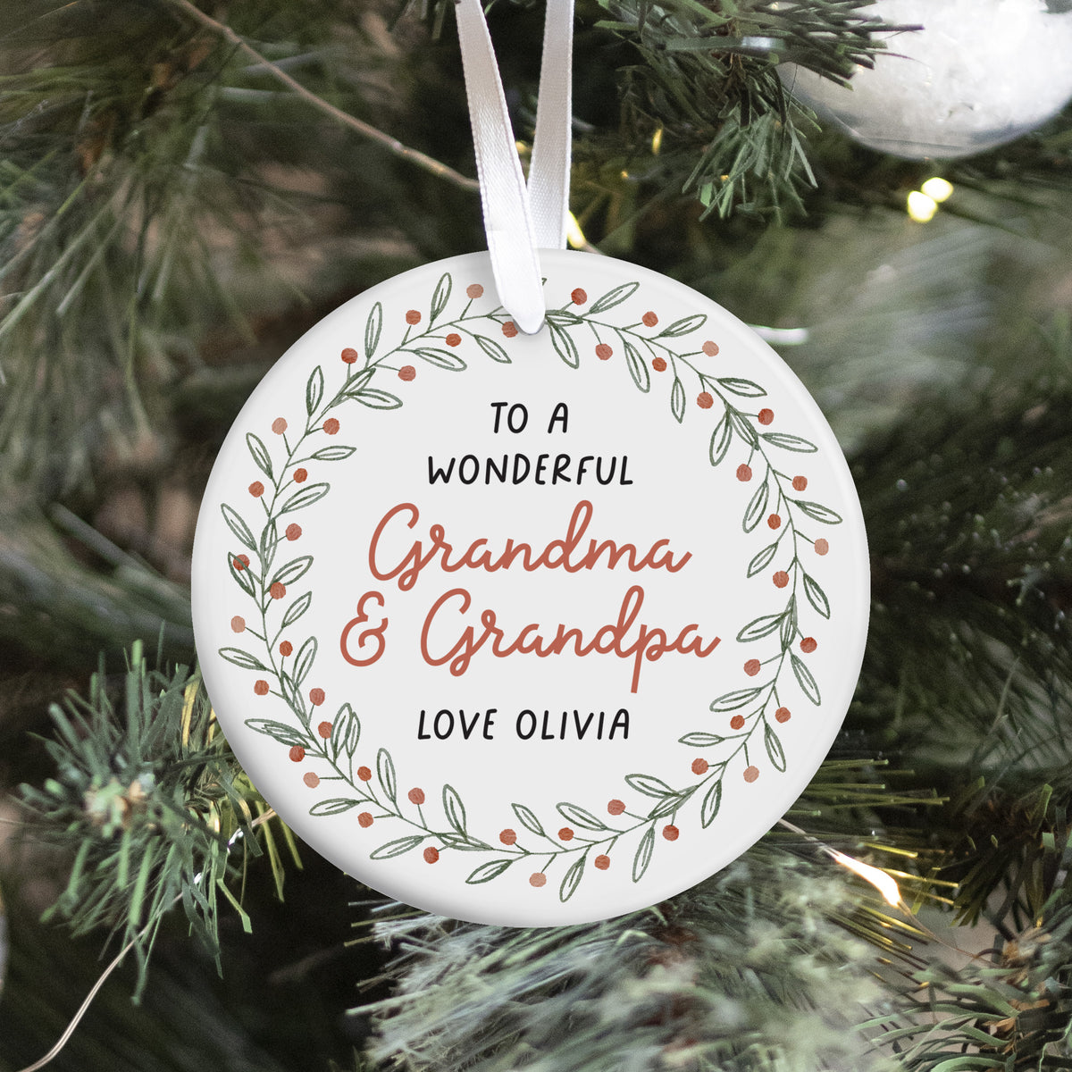 Grandma and Grandpa Ornament, Personalized Family Keepsake with Floral Wreath, Christmas Gift from Grandchild