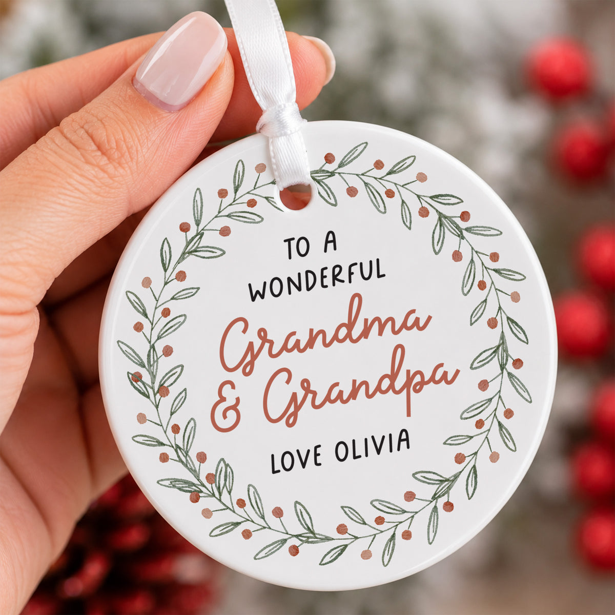 Grandma and Grandpa Ornament, Personalized Family Keepsake with Floral Wreath, Christmas Gift from Grandchild