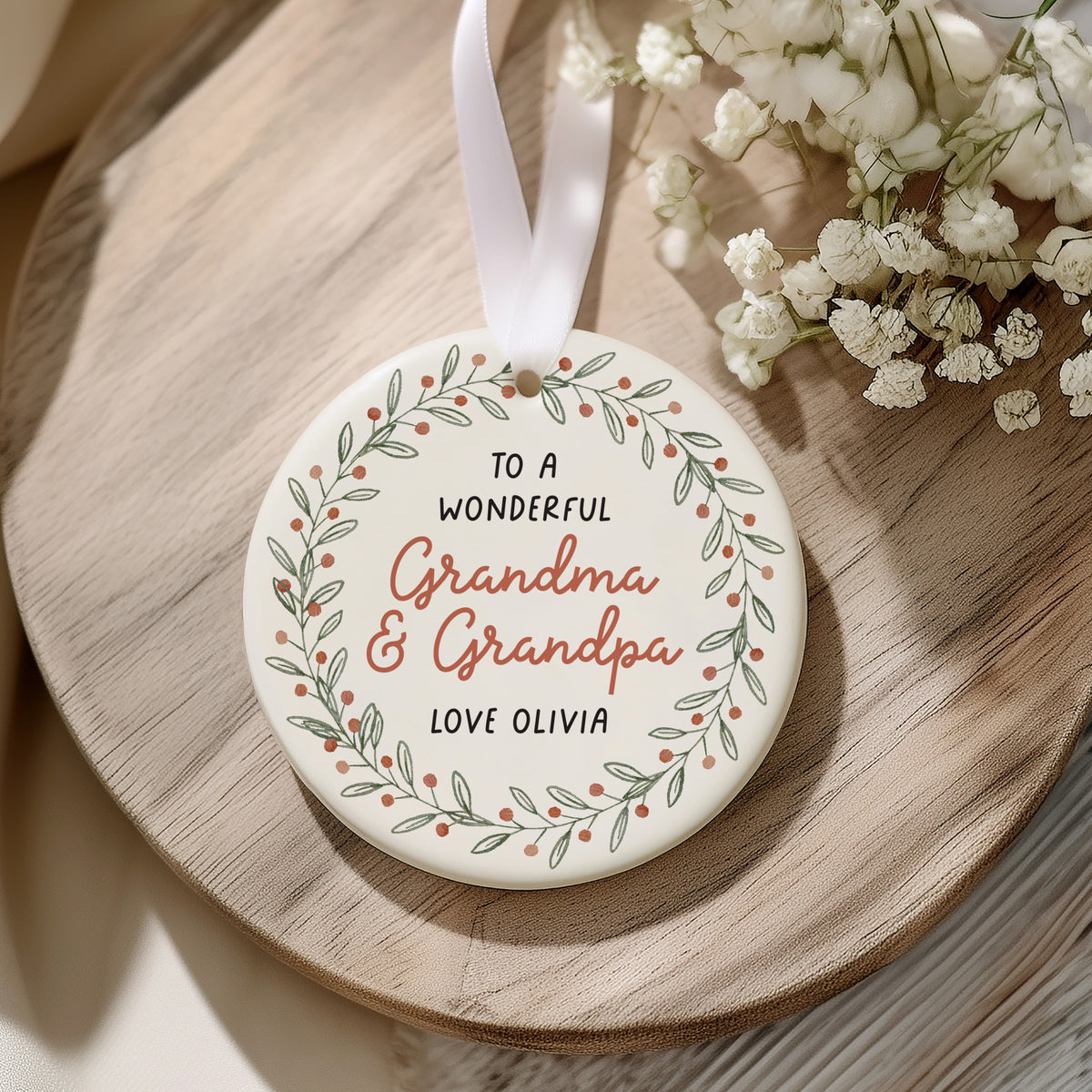 Grandma and Grandpa Ornament, Personalized Family Keepsake with Floral Wreath, Christmas Gift from Grandchild